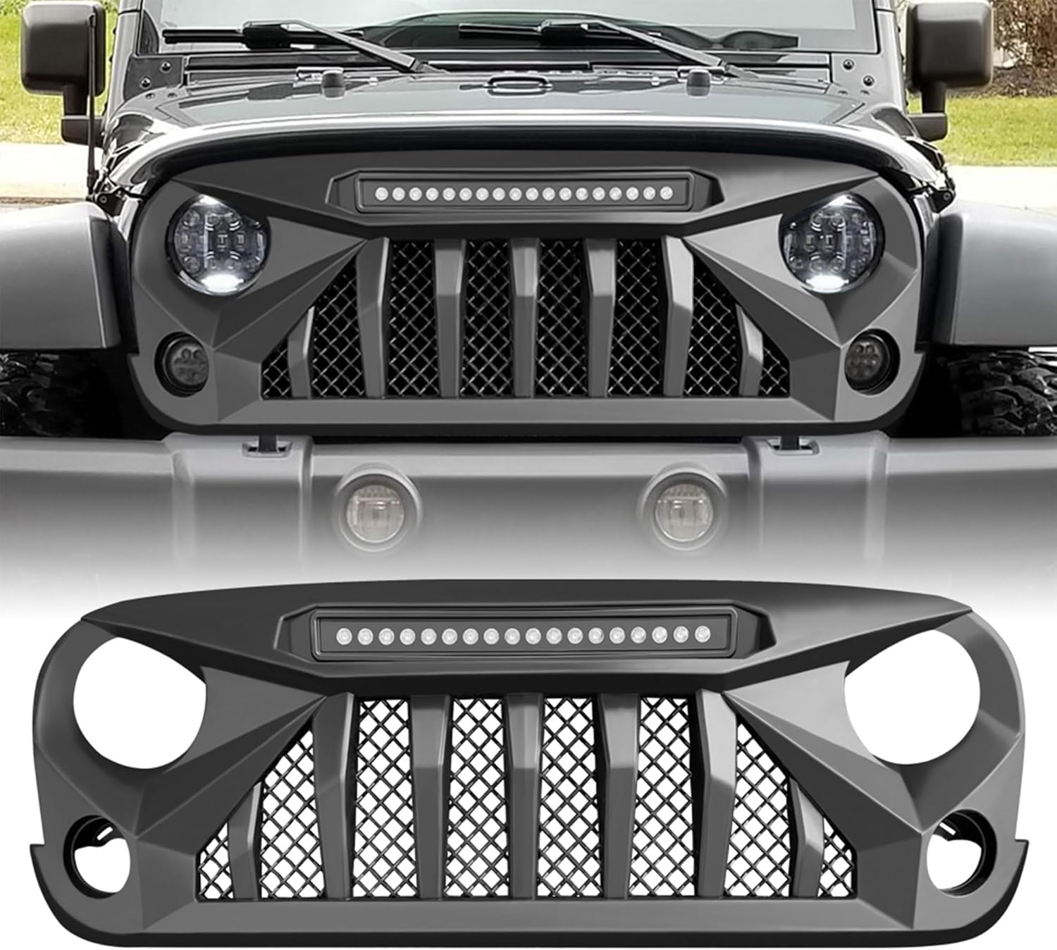 Cubierta de rejilla delantera con luces todoterreno compatible con Jeep Wrangler 2007 a 2018, JKJKU, Rubicon y Sahara Sport, negro mate
