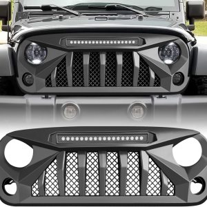 Cubierta de rejilla delantera con luces todoterreno compatible con Jeep Wrangler 2007 a 2018, JKJKU, Rubicon y Sahara Sport, negro mate Cubierta de rejilla delantera con luces todoterreno compatible con Jeep Wrangler 2007 a 2018, JKJKU, Rubicon y Sahara Sport, negro mate