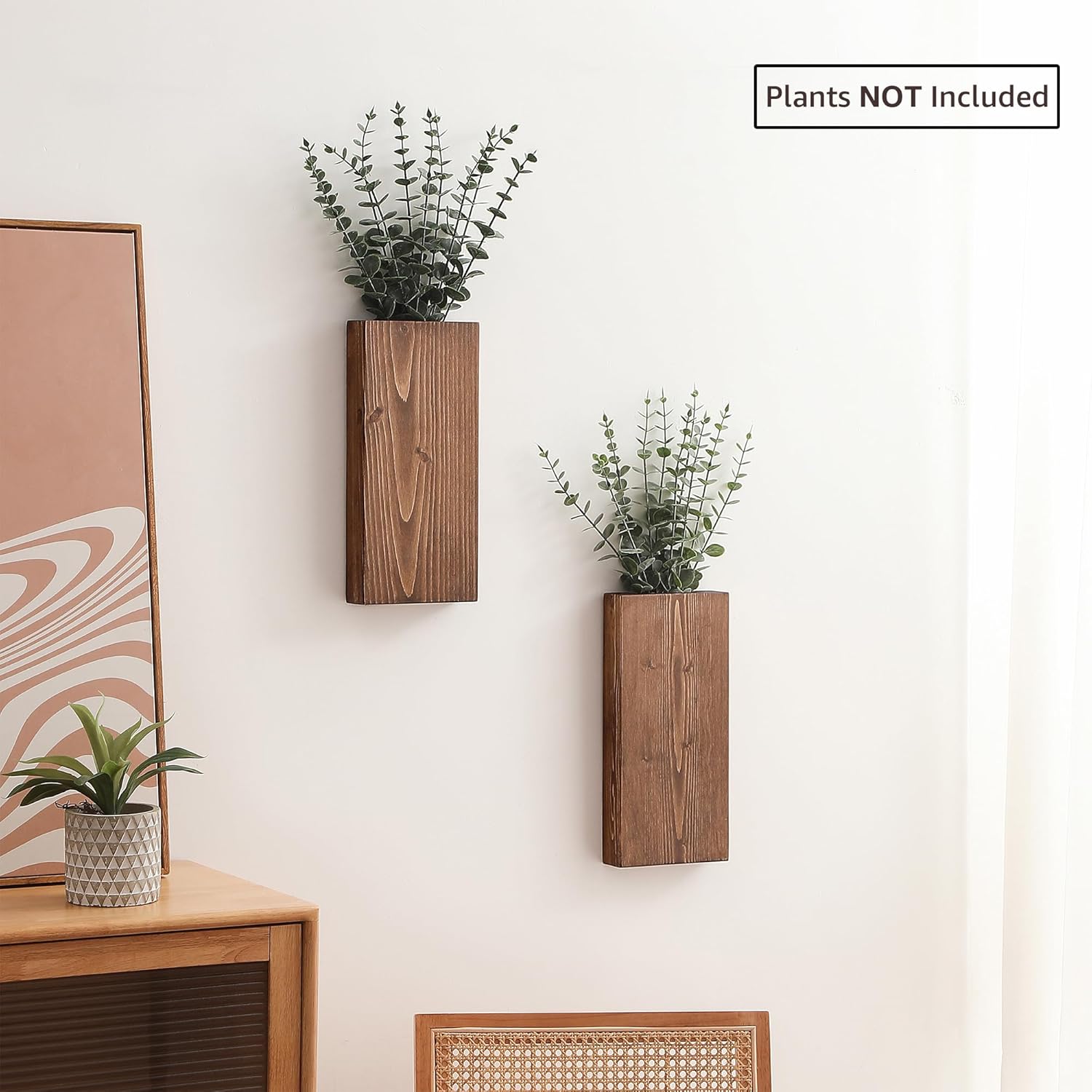 Juego de 2 macetas de madera para pared, bolsillo de pared de madera para flores secas y vegetación, florero colgante de madera para interiores,