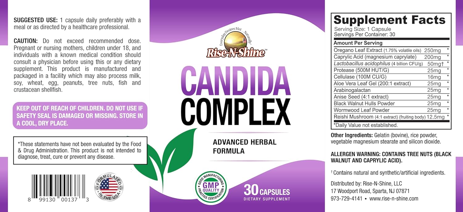 RISE-N-SHINE Cápsulas complejas Candida para niveles normales de Candida con orégano, ácido caprílico, hongos Reishi y más 30 unidades