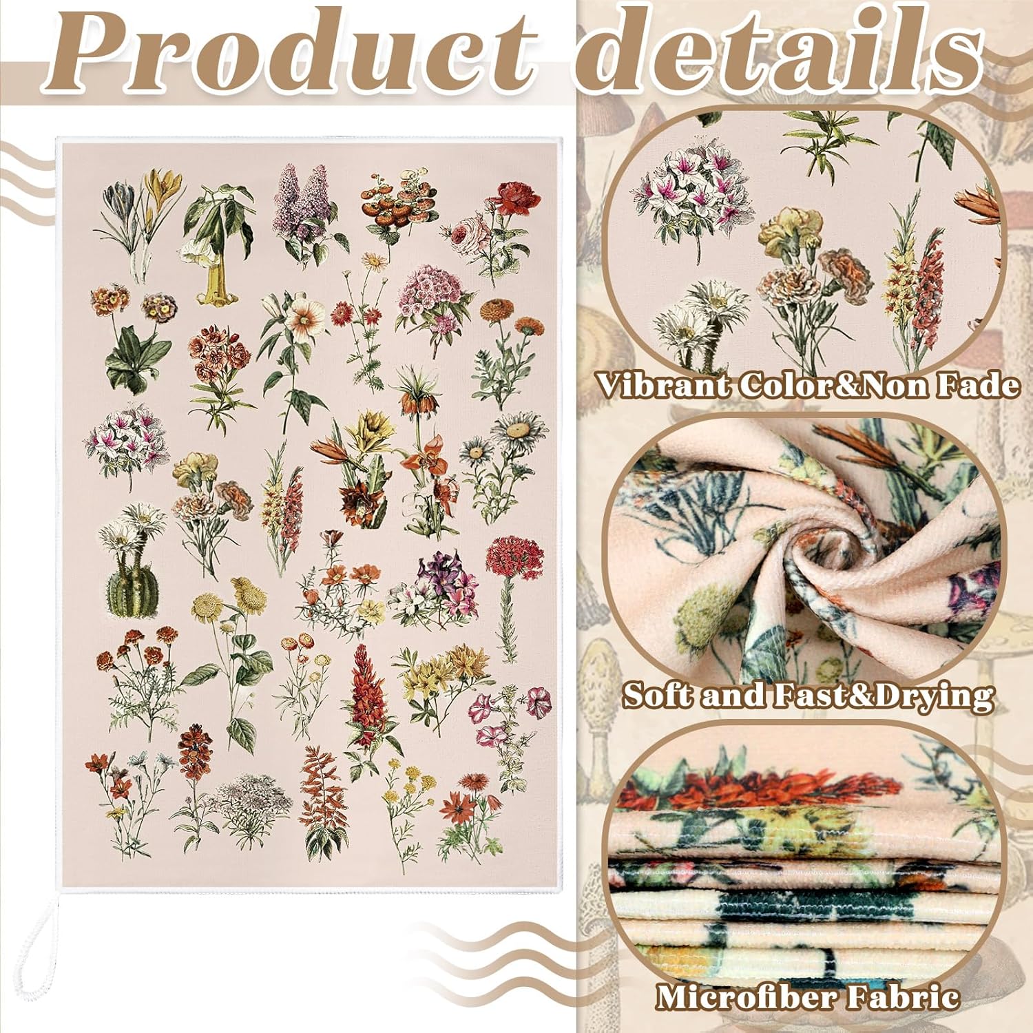 Kajaia 4 toallas de cocina vintage con hongos del bosque, paños de cocina con flores silvestres, toallas de mano con plantas de mariposa, toalla