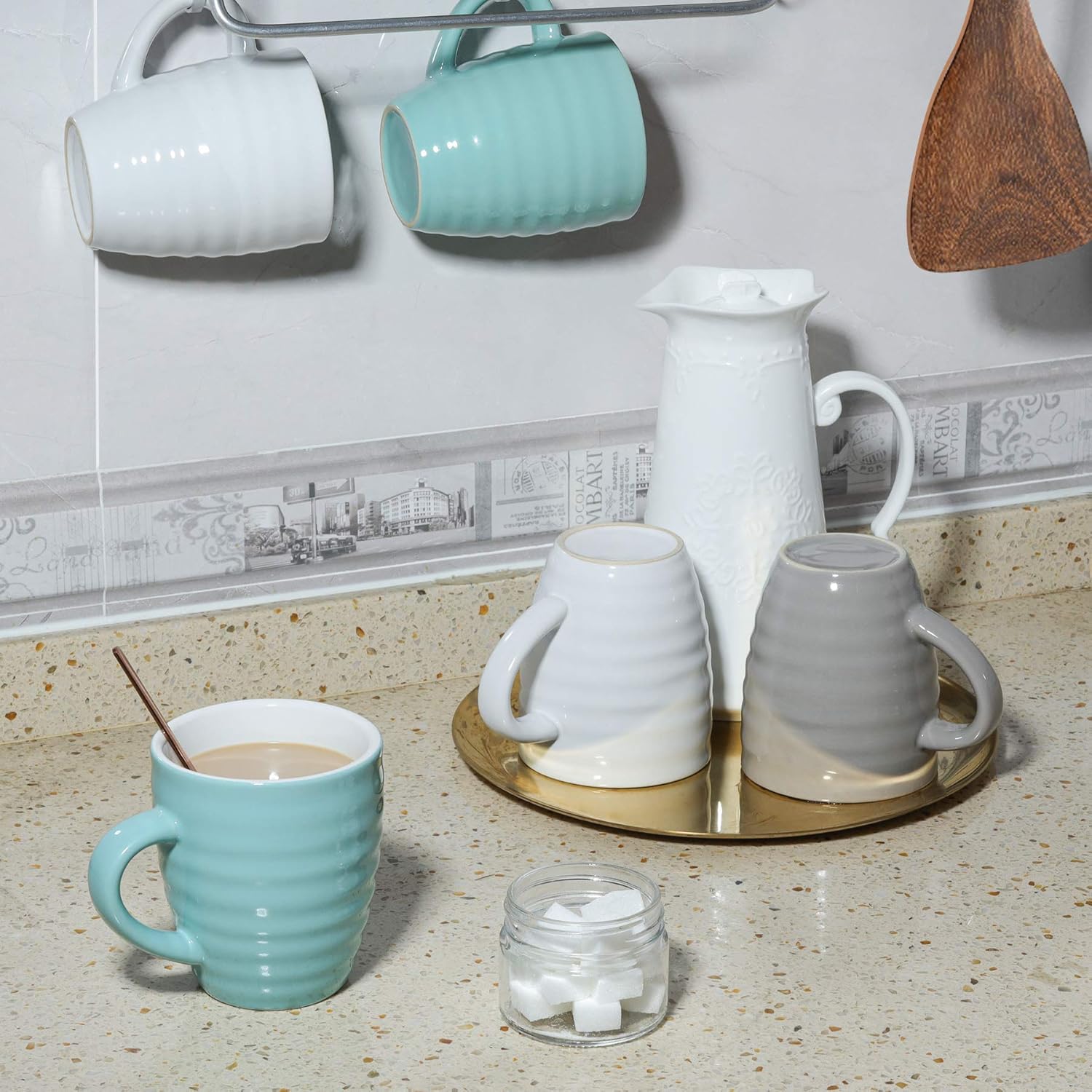 ComSaf Juego de 6 tazas de café de cerámica, taza de café grande de 15 onzas, taza de té para oficina y hogar, taza de porcelana con asa para