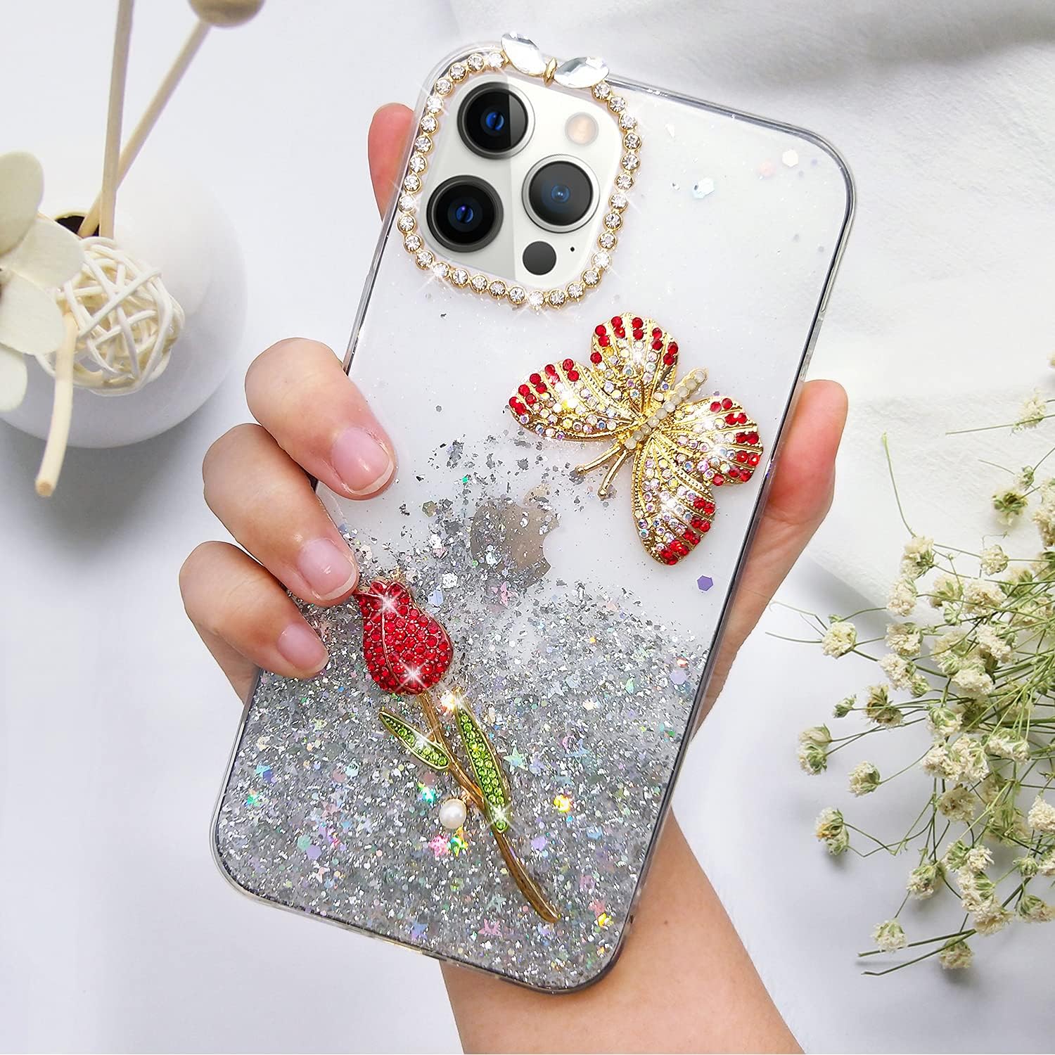Guppy Compatible con iPhone 13 Pro Max Bling Diamond Case para mujeres y niñas, funda protectora suave y delgada de 6.7 pulgadas con lentejuelas