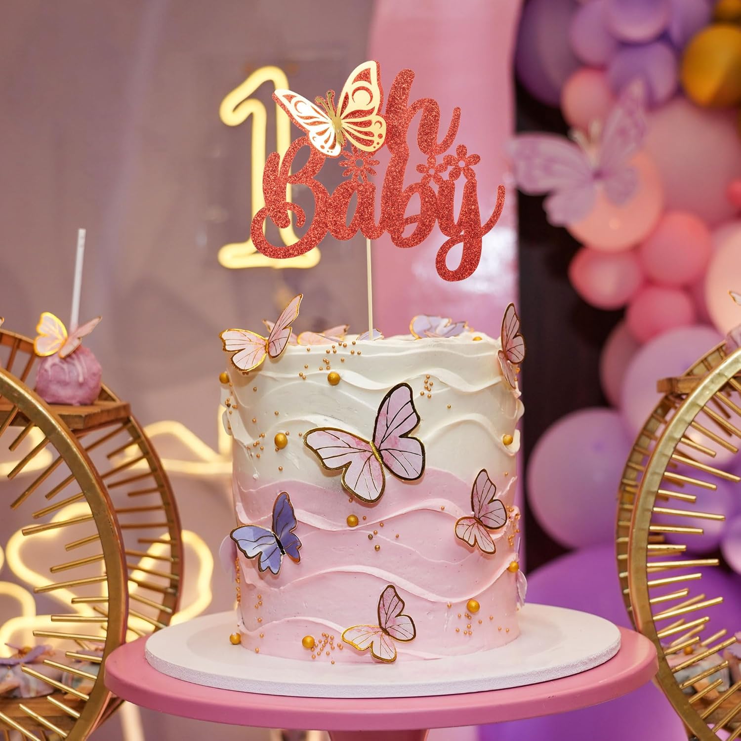 Gyufise 1 pieza de mariposa Oh Baby Cake Topper Glitter Baby Shower Butterfly Cake Pick para revelación de género Baby Shower Niños fiesta de