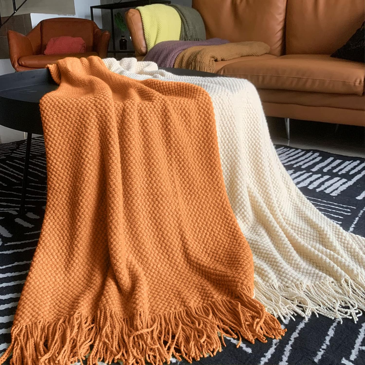 LOMAO Manta de punto con borlas con textura de burbujas, manta ligera para funda de sofá, decoración del hogar (naranja, 50 x 60 pulgadas)