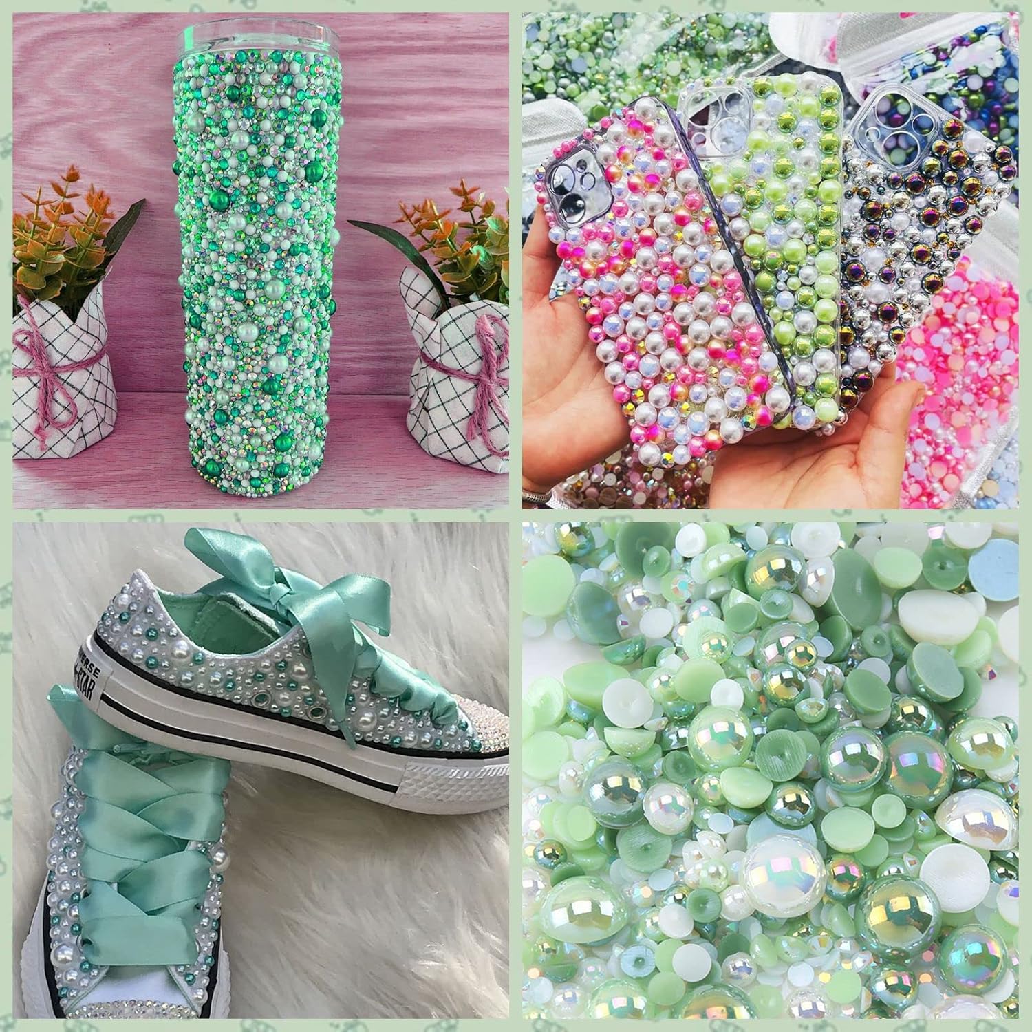 ASTARON Diamantes de imitación mixtos de 1.76 oz con parte trasera plana, medias perlas para manualidades, tamaños mixtos, diamantes de imitación de