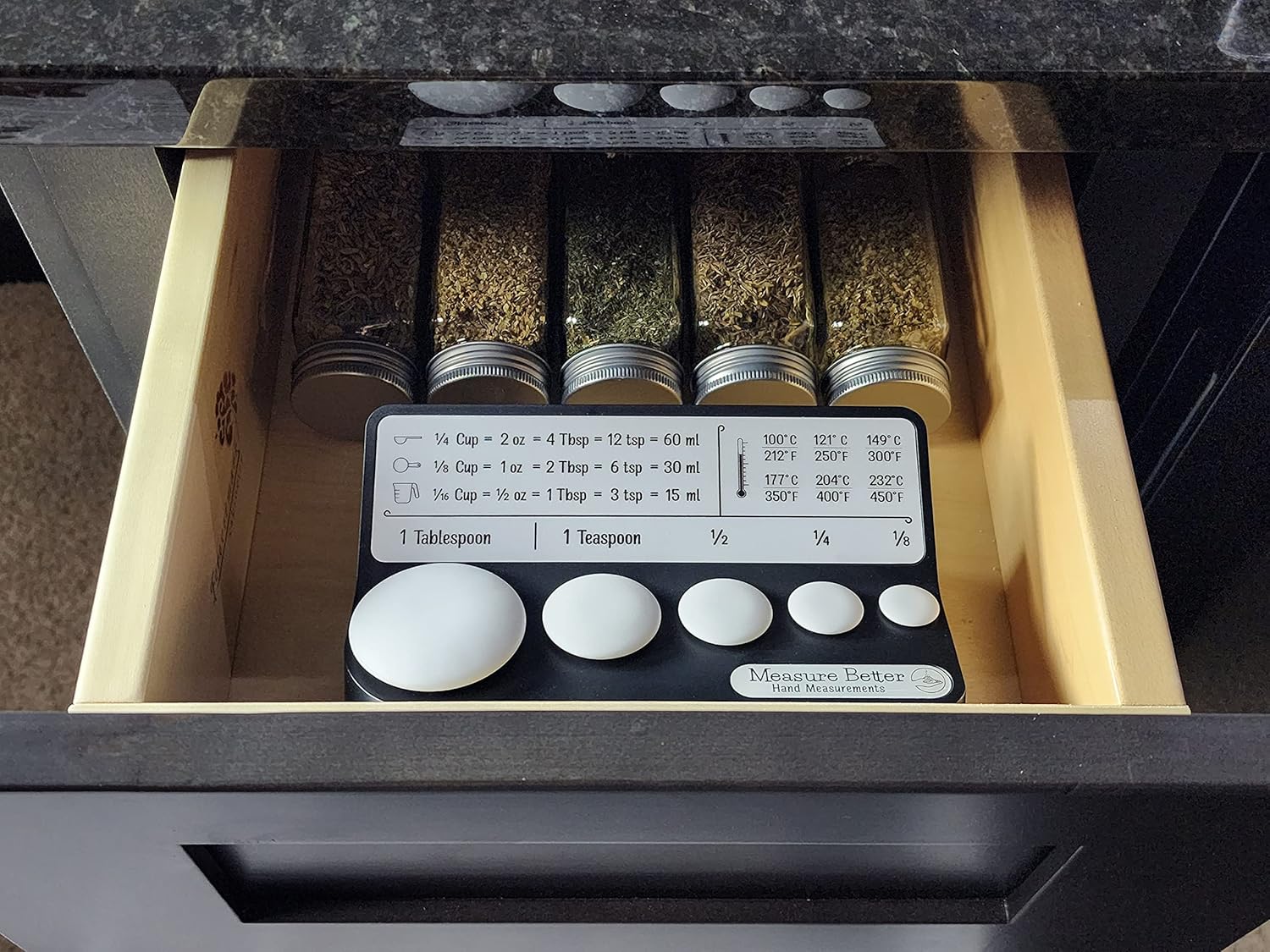 Tabla de conversión de cocina, referencia visual para verter especias en la palma de la mano, alternativa de cuchara medidora (negro)