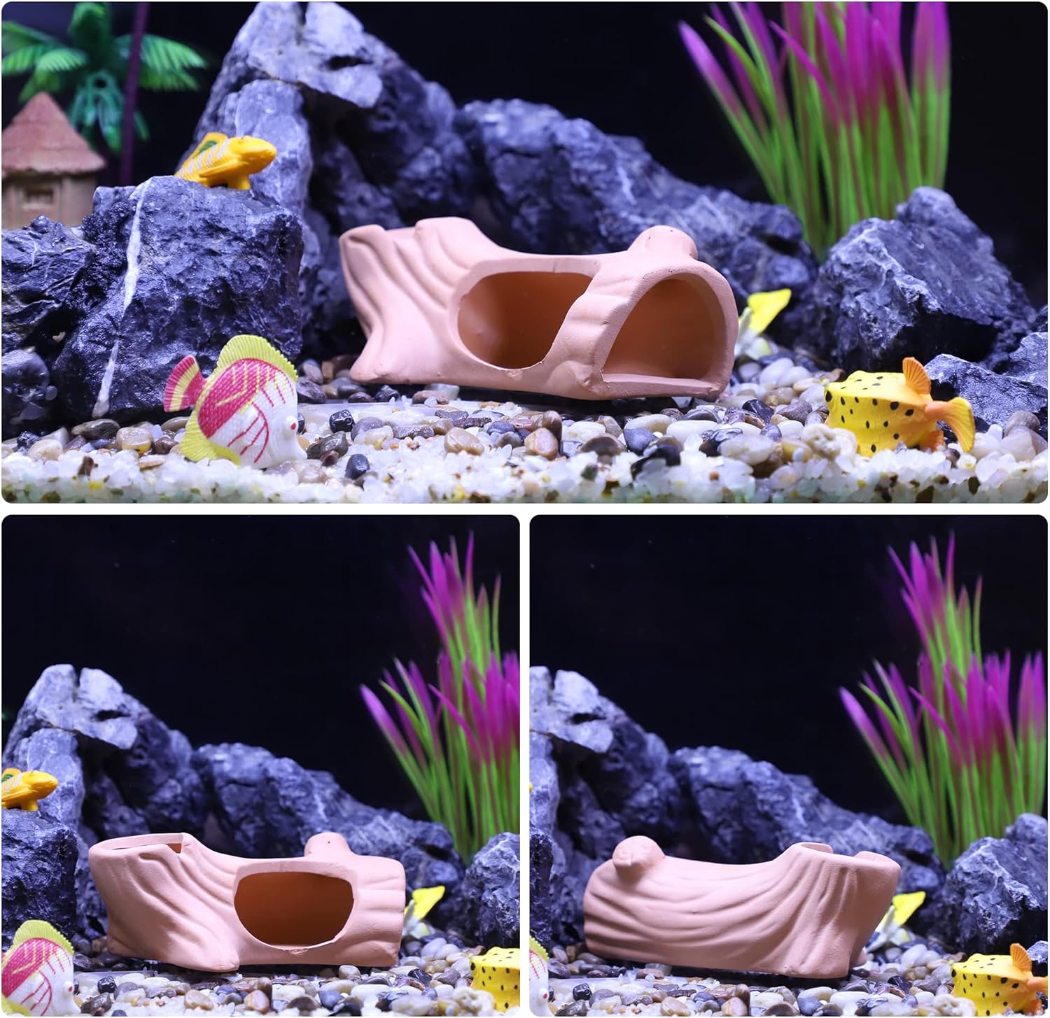 VOCOSTE Decoraciones de acuario cueva de roca escondida, piedra de decoración de pecera de cerámica para mascotas acuáticas para reproducir, marrón