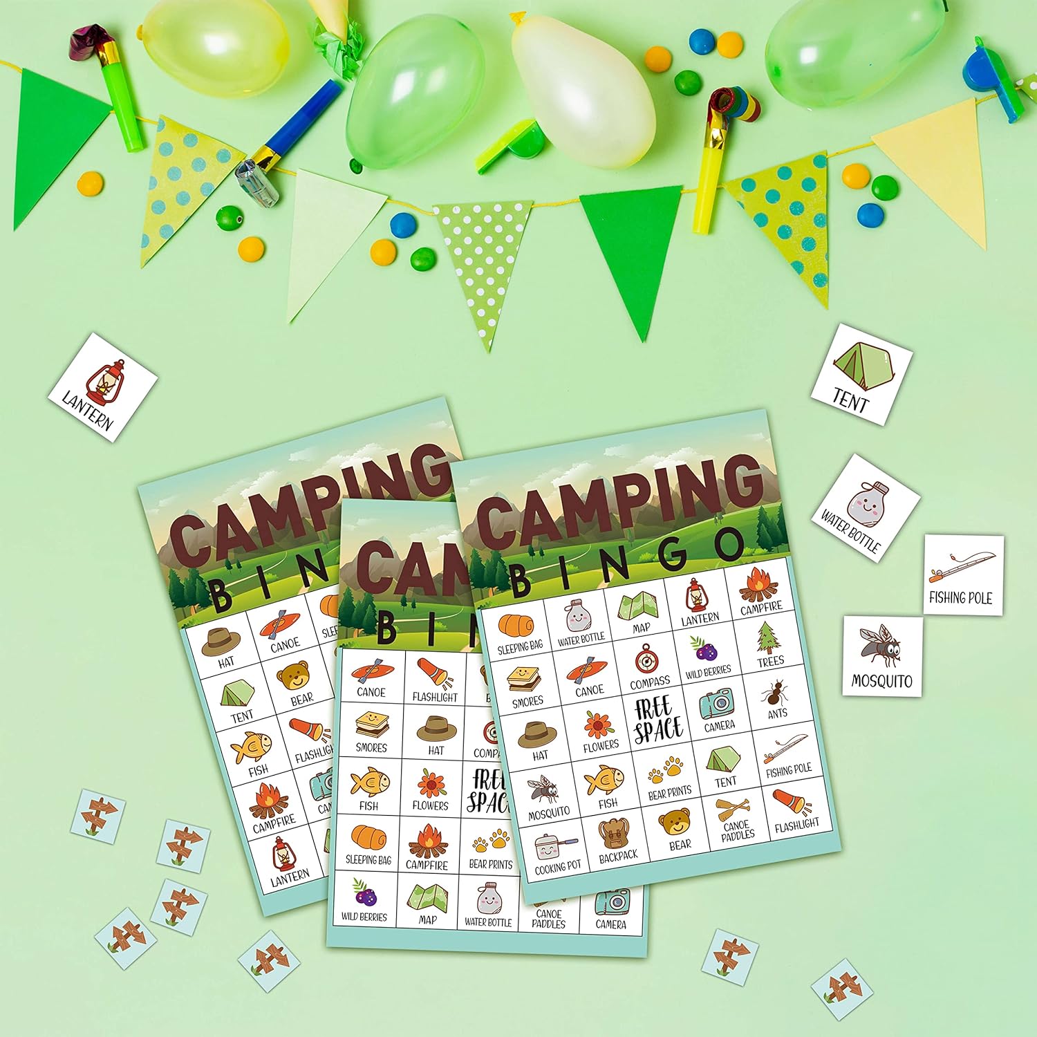 Juego de bingo de campamento, juegos de fiesta temática de bosque de acuarela con 24 jugadores, excursión de campo, actividades escolares,