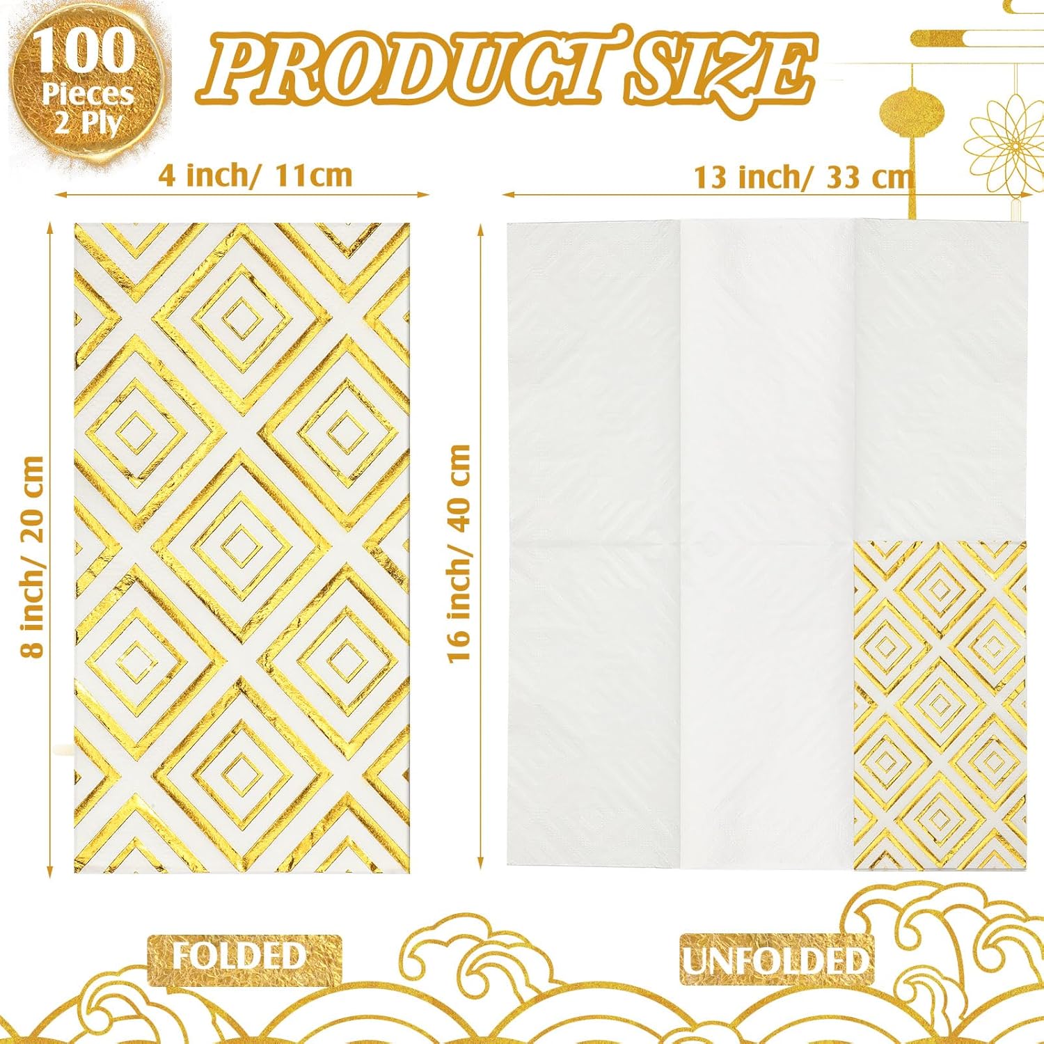 100 servilletas doradas, servilletas de papel con patrón dorado, toallas de mano desechables, servilletas de mano de oro blanco para baño, boda,