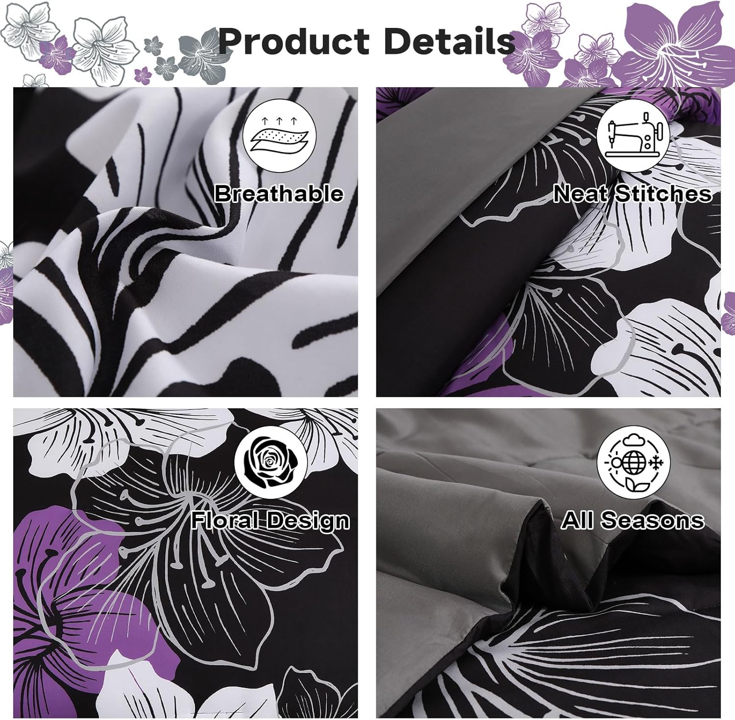 Luxudecor Juego de edredón floral tamaño Queen, 7 piezas de cama en una bolsa, juego de edredón floral morado y sábanas, juegos de cama completos de