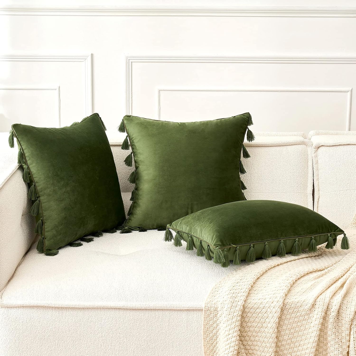 MIULEE – Paquete de 2 fundas de cojín decorativas lisas, de terciopelo suave con borlas y flecos, decoración bohemia para sillón, cama, sofá, de