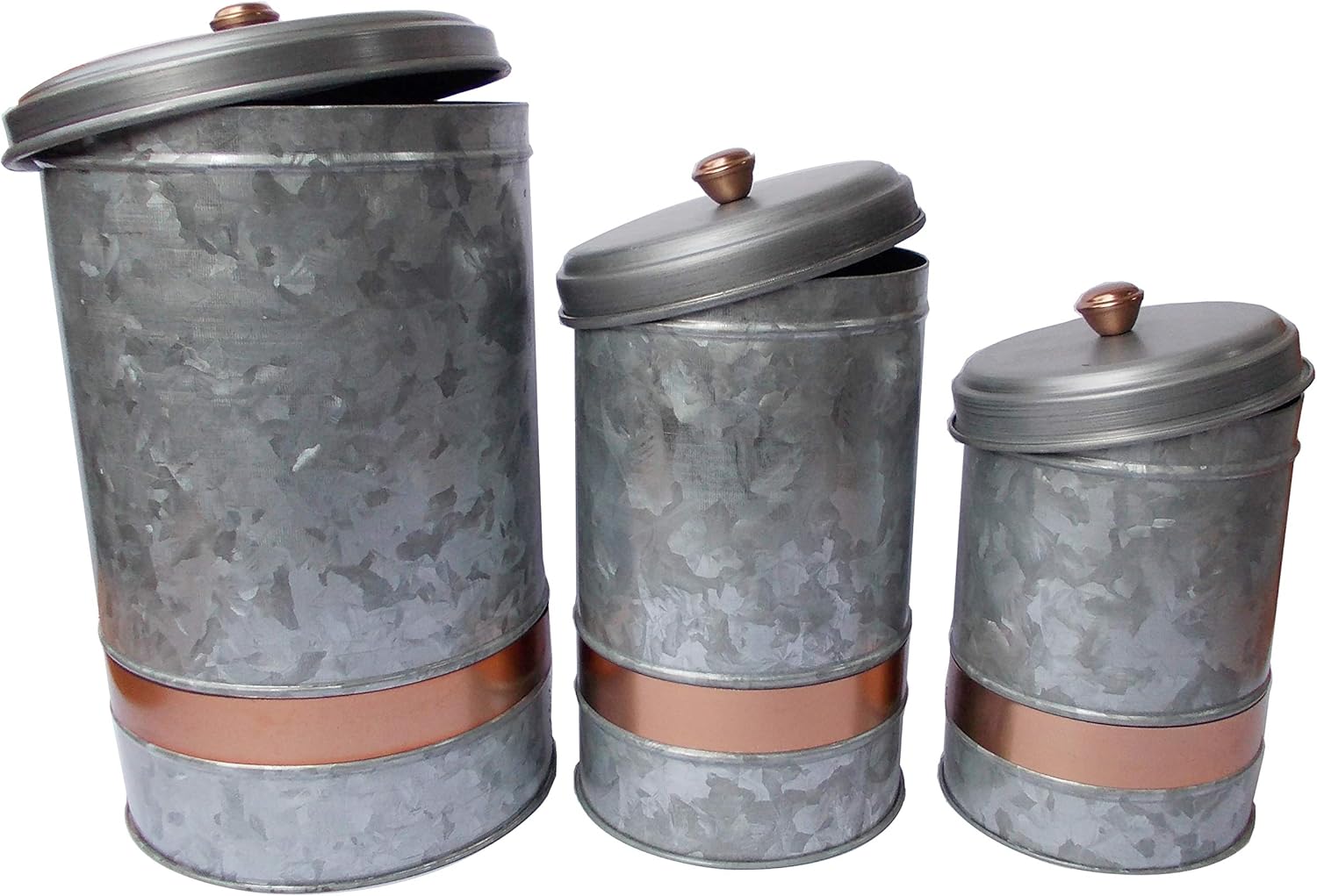 Benzara AMC0014 Recipiente con tapa de metal galvanizado con banda de cobre, juego de tres, gris