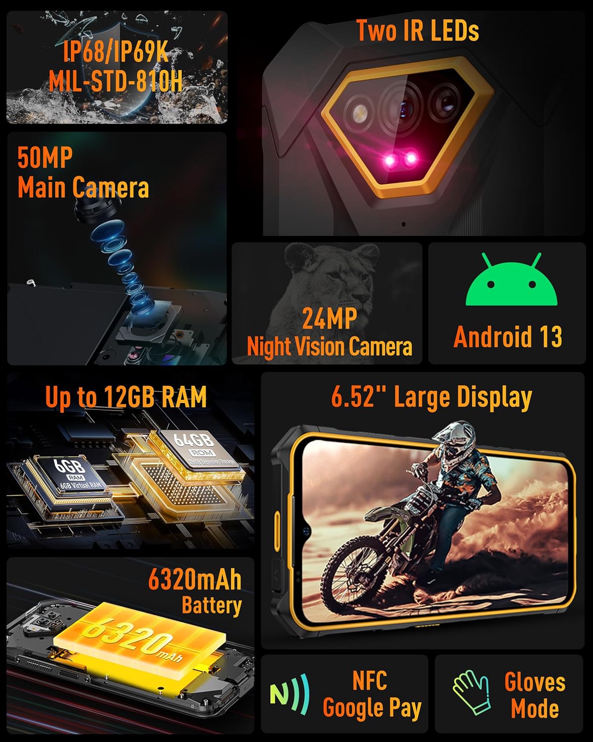 Ulefone Armor X13 – Teléfono inteligente resistente, cámara de visión nocturna de 50 MP+24 MP, octa-core 12 GB RAM 64 GB ROM, pantalla de 6.52