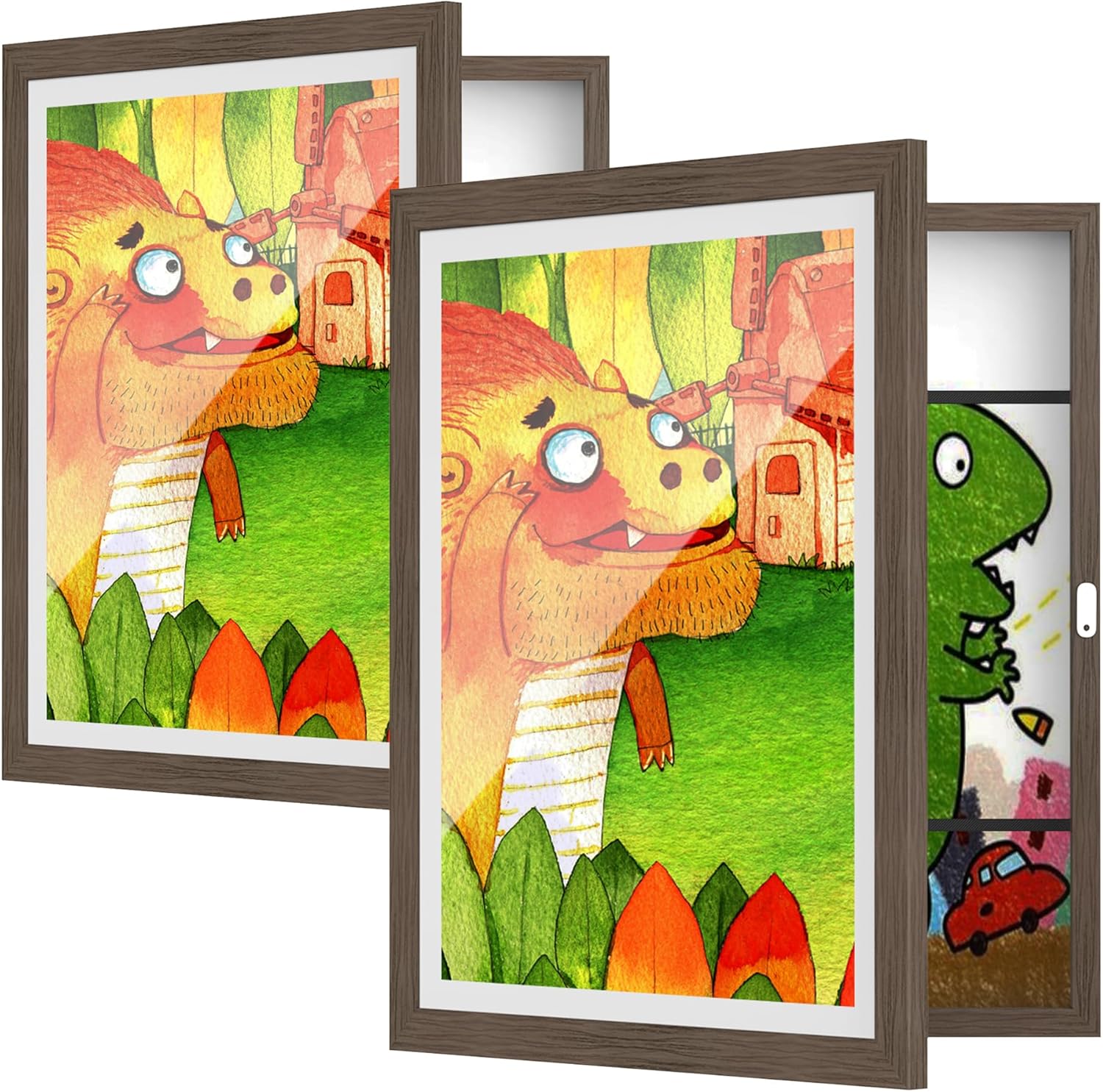 BAIJIALI Marcos de arte marrón para obras de arte infantiles, apertura frontal con capacidad para 150 dibujos, manualidades 3D, 2 paquetes de 8.5 x