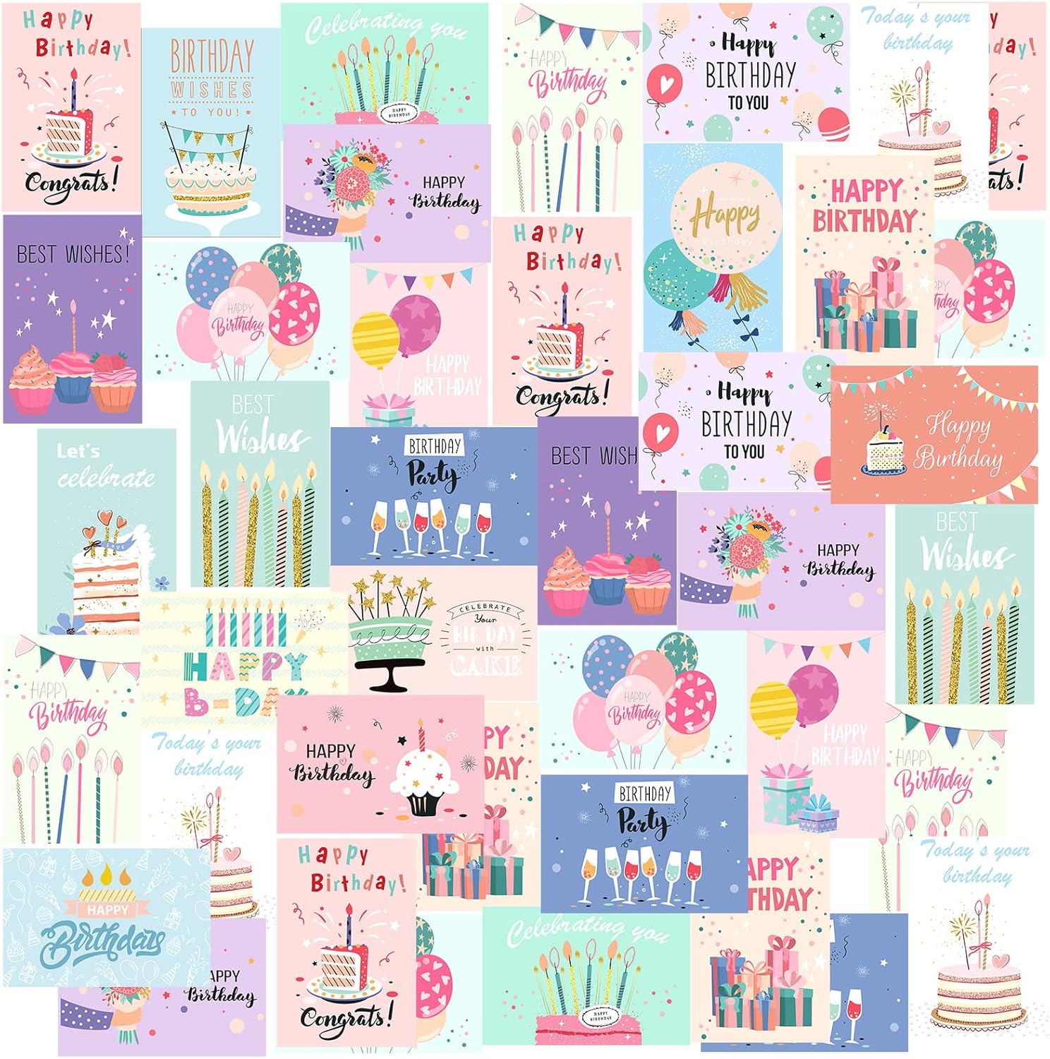 Harloon Paquete de 200 tarjetas de feliz cumpleaños surtidas a granel con sobres en blanco y calcomanías de 4 x 6 pulgadas, tarjetas de felicitación
