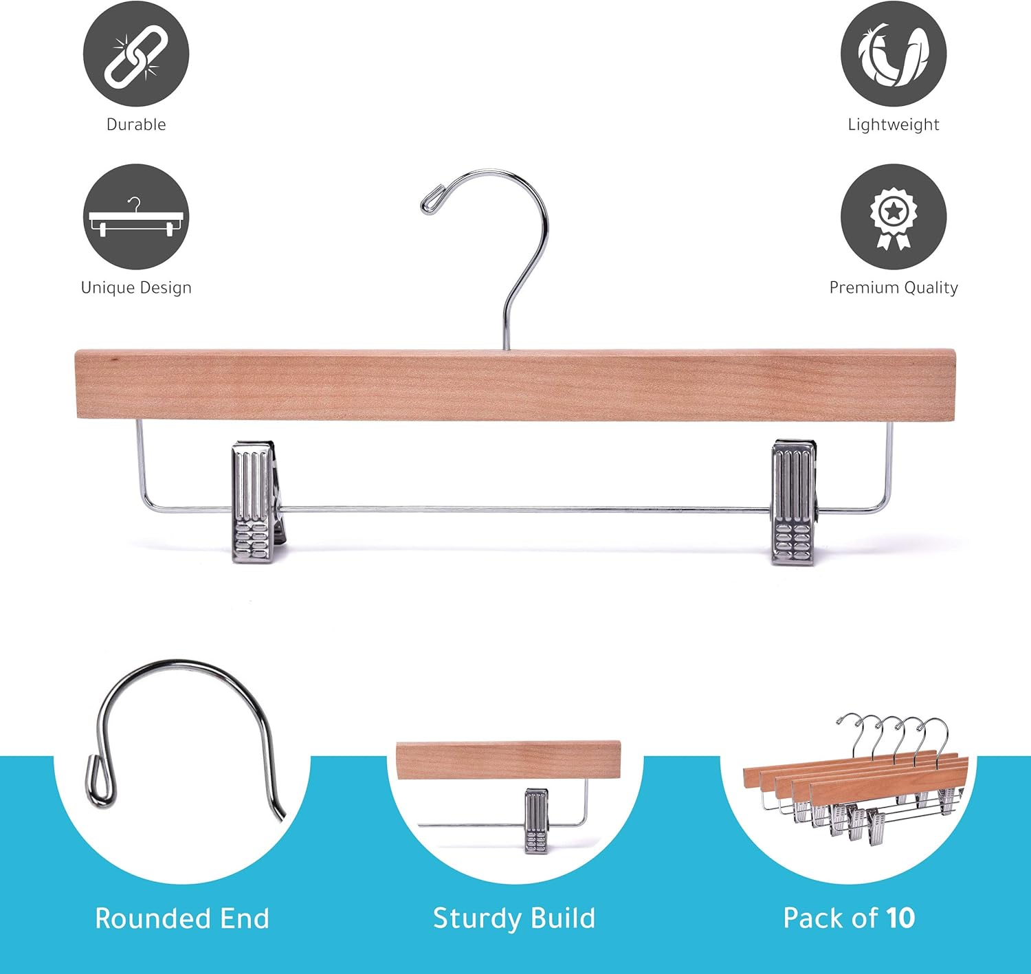 Quality Hangers Perchas de madera para pantalones, paquete de 10 perchas giratorias de tela con gancho, falda de madera de loto, pantalones,
