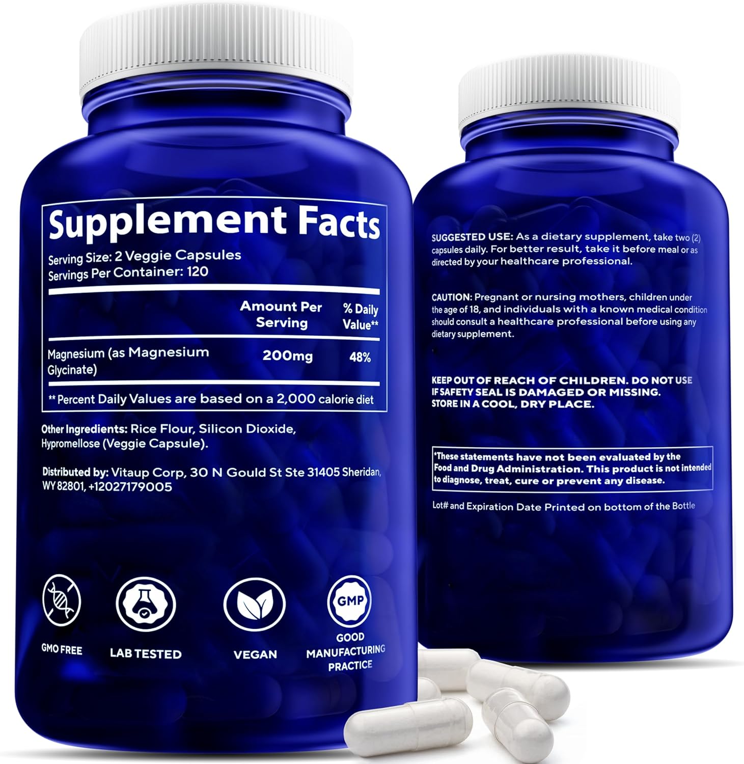 VitaUp Glicinato de magnesio 200 mg  Bisglicinato de magnesio fabricado en Estados Unidos  Alivio del estrés y corazón, músculo, metabolismo, apoyo