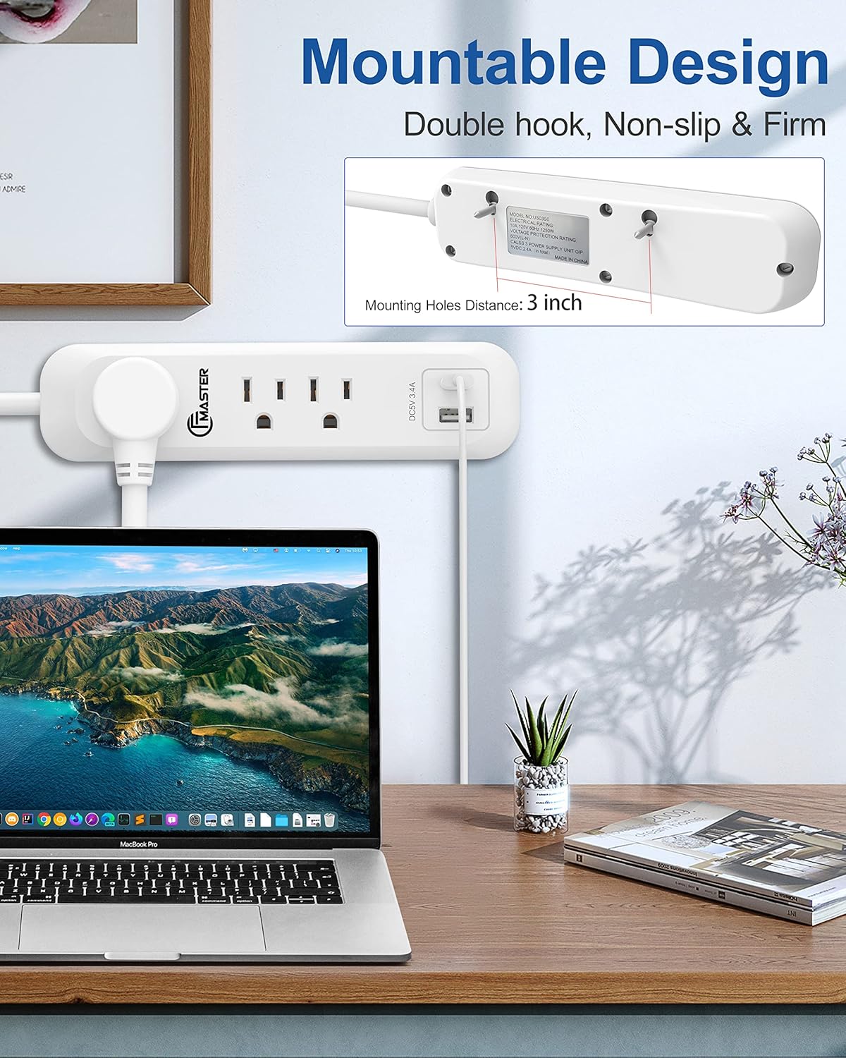 Tira de alimentación USB con protector de sobretensiones, cable de extensión largo de 6 pies, 3 tomas, 2 puertos USB (2.4A12W), protección contra