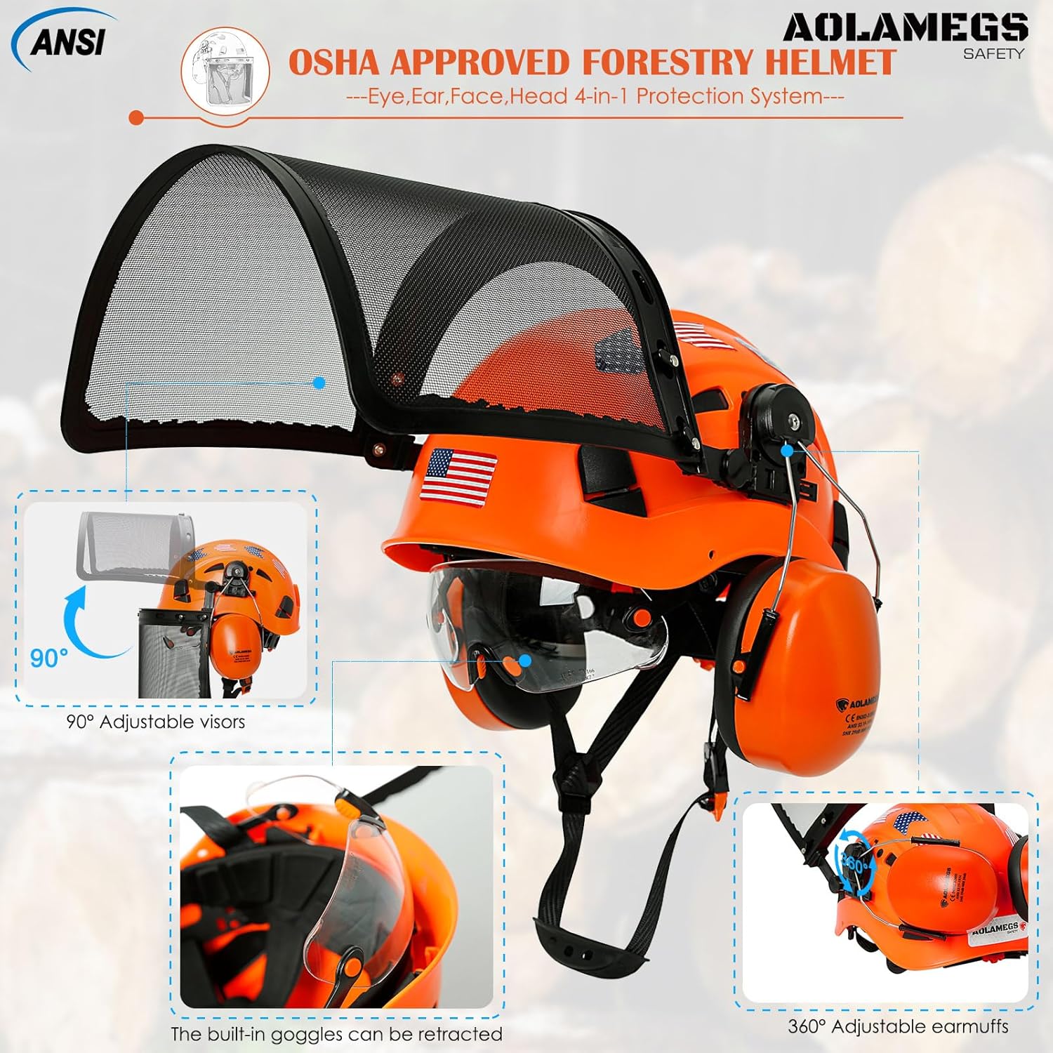 Casco de motosierra con protector facial, orejeras y visera interior, casco de arborista aprobado por la OSHA, casco de seguridad forestal