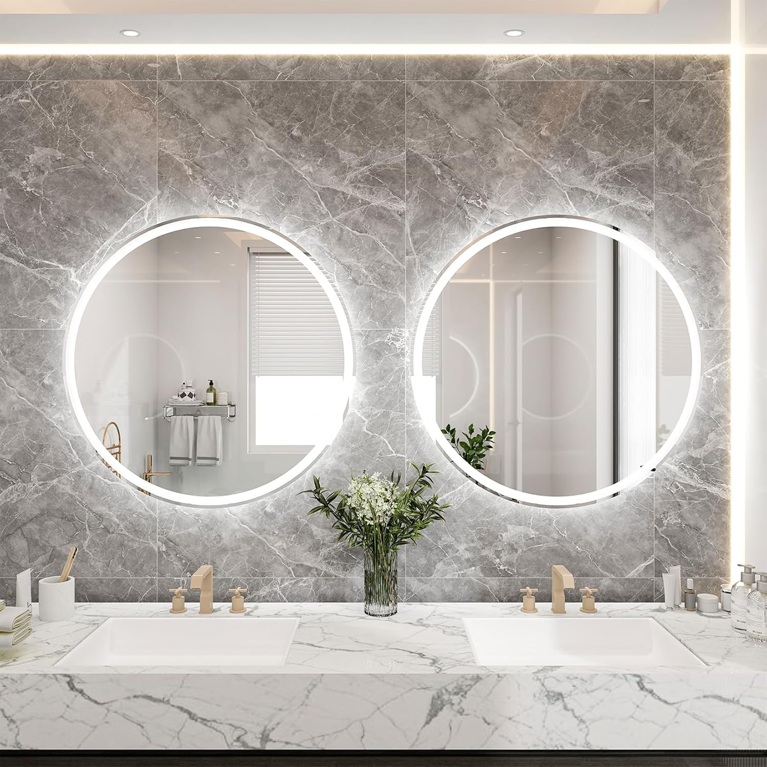 Espejo redondo de tocador con luces de 24 pulgadas para baño, espejos circulares iluminados con película inastillable para decoración de pared,