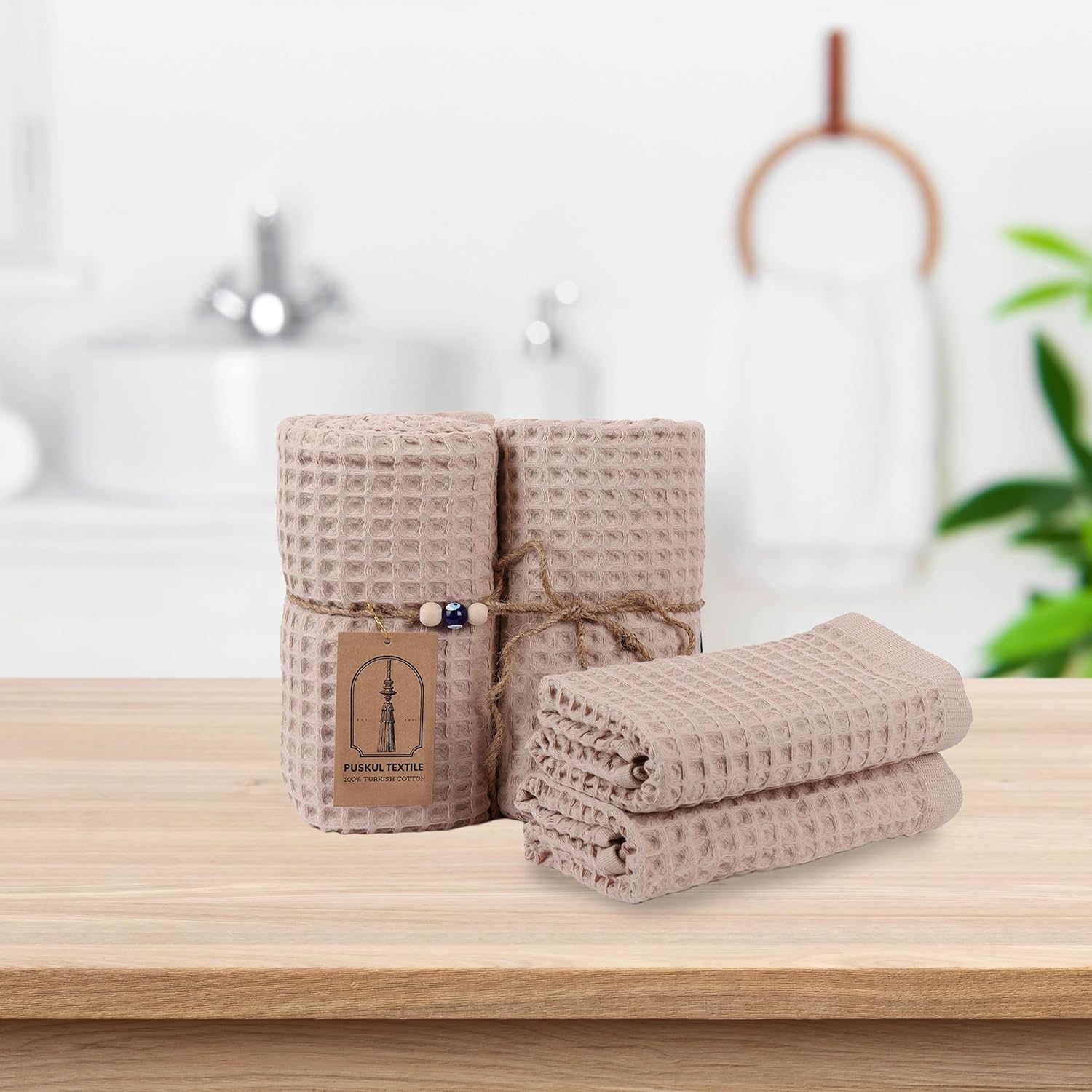 Püskül – Juego de 4 toallas de punto gofre para baño, algodón turco orgánico de primera calidad, 2 toallas de mano y 2 toallas de baño (beige)