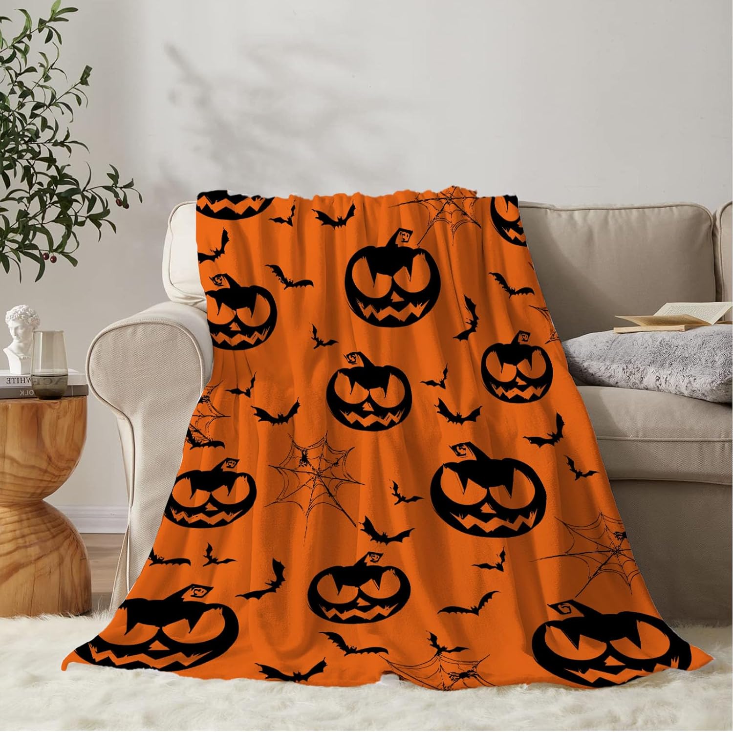 YeeJu Manta de Halloween tamaño individual, color naranja, espeluznante calabazas, para sofá, cama, para exteriores, para Halloween, acogedora,