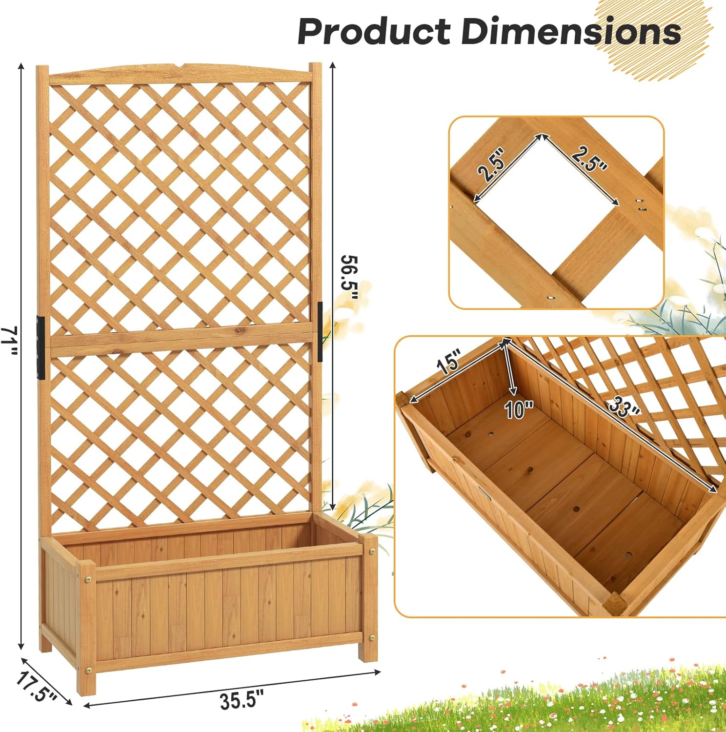 Safstar – Cama de jardín elevada con enrejado, contenedor elevado de madera para interiores y exteriores, con enrejado en forma de diamante y