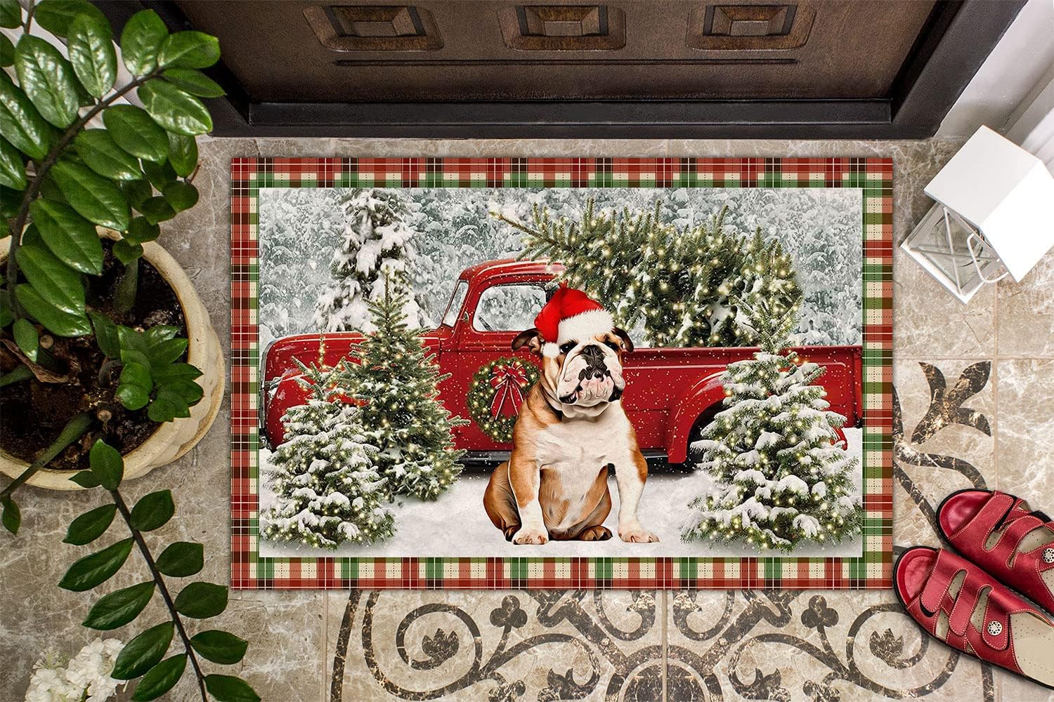 Felpudo de Navidad de bulldog inglés, regalos divertidos para amantes de perros, dueños de perros, camión rojo, árbol de Navidad, alfombra de