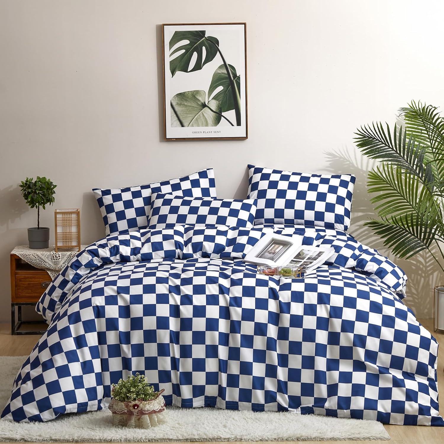 Juego de edredón de cuadrícula azul real y blanco, juego de ropa de cama a cuadros azul real para niñas, juego de edredón transpirable para niños,