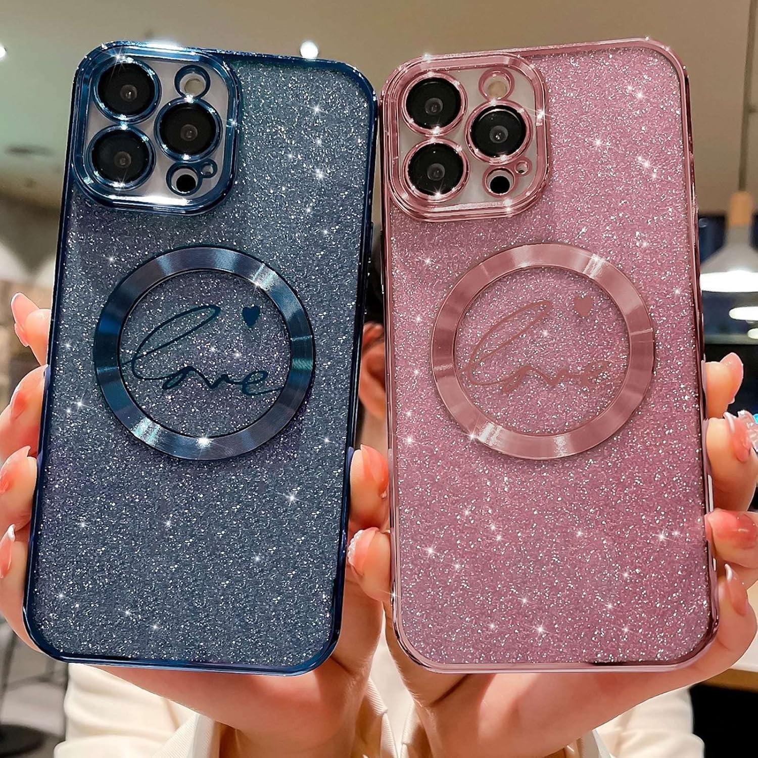 MGQILING Funda magnética con purpurina compatible con iPhone 11 Pro Max de 6.5 pulgadas, funda transparente de lujo, con diseño de corazón chapado