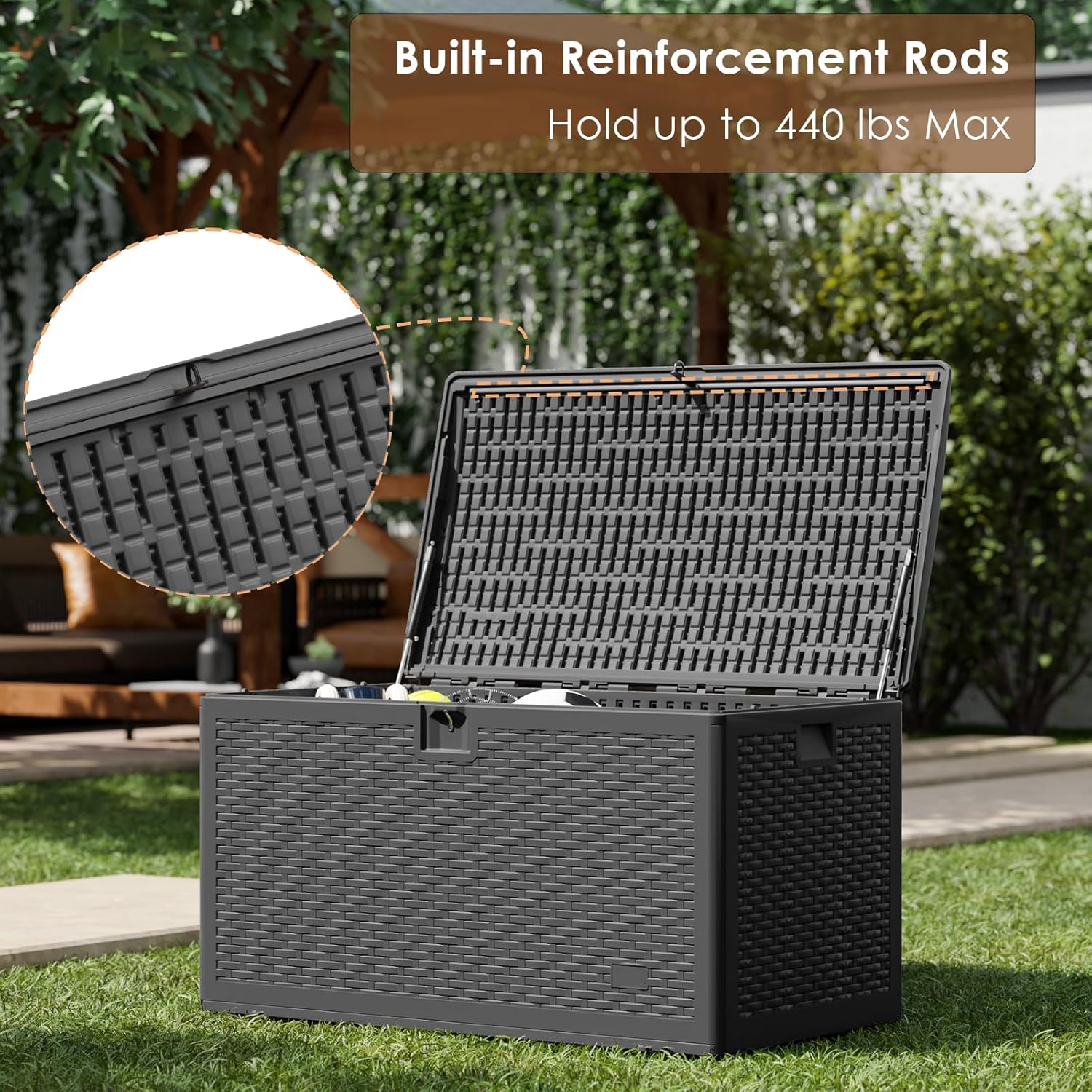 UDPATIO Caja de cubierta extragrande de 120 galones, caja de almacenamiento impermeable de doble pared, caja de resina duradera para exteriores,