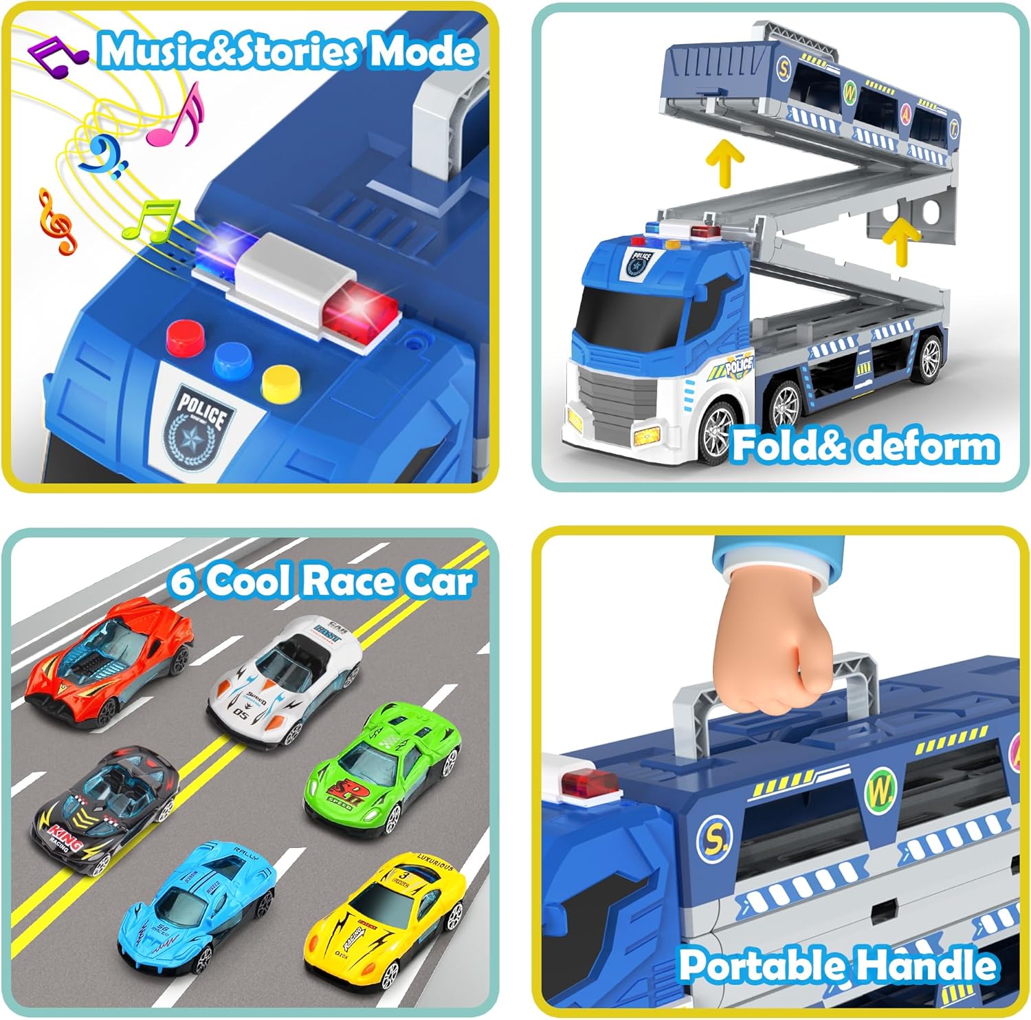 DWI Dowellin – Camión transportador de coche, incluye 6 autos de carreras de metal, 53.1 in, plegable y deformable, catapulta con iluminación LED y