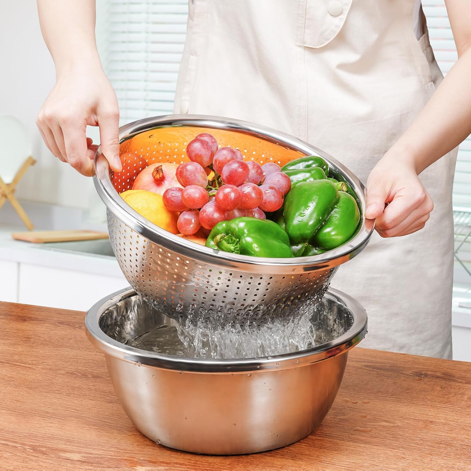 Colador de acero inoxidable 304, colador de arroz de 5 cuartos extragrande con tazones para mezclar, coladores y coladores para cocina para escurrir
