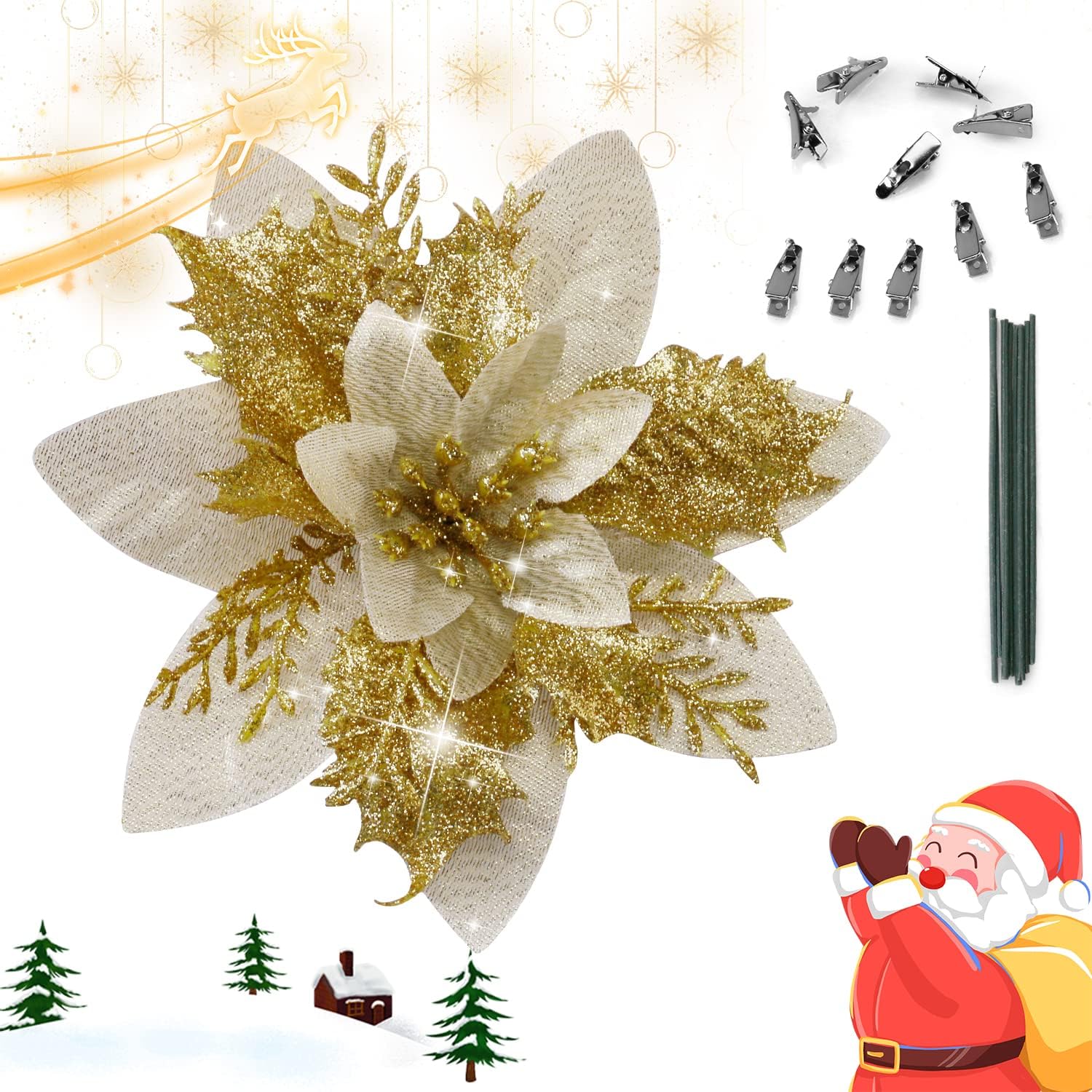 10 Pcs 13cm5.2in Poinsettia Artifical Flowers with Clips and Stems, Glitter Christmas Tree Ornaments Supplies for Xmas Wedding Party Happy New Year
