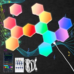 Mindore Paquete de 12 paneles de luz hexagonales, luces LED hexagonales inteligentes RGB con control remoto y sincronización de música, luces LED Mindore Paquete de 12 paneles de luz hexagonales, luces LED hexagonales inteligentes RGB con control remoto y sincronización de música, luces LED