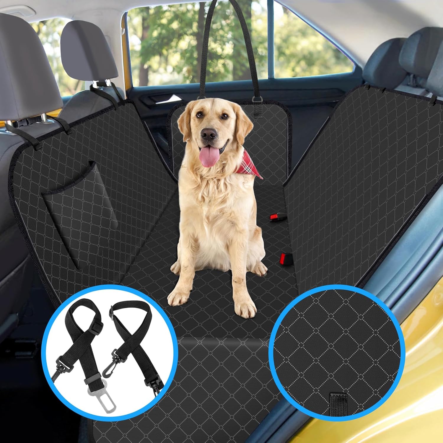 WoofKnows Funda de asiento de automóvil para perro para asiento trasero, funda de asiento para perro con bolsillo de almacenamiento, hamaca para