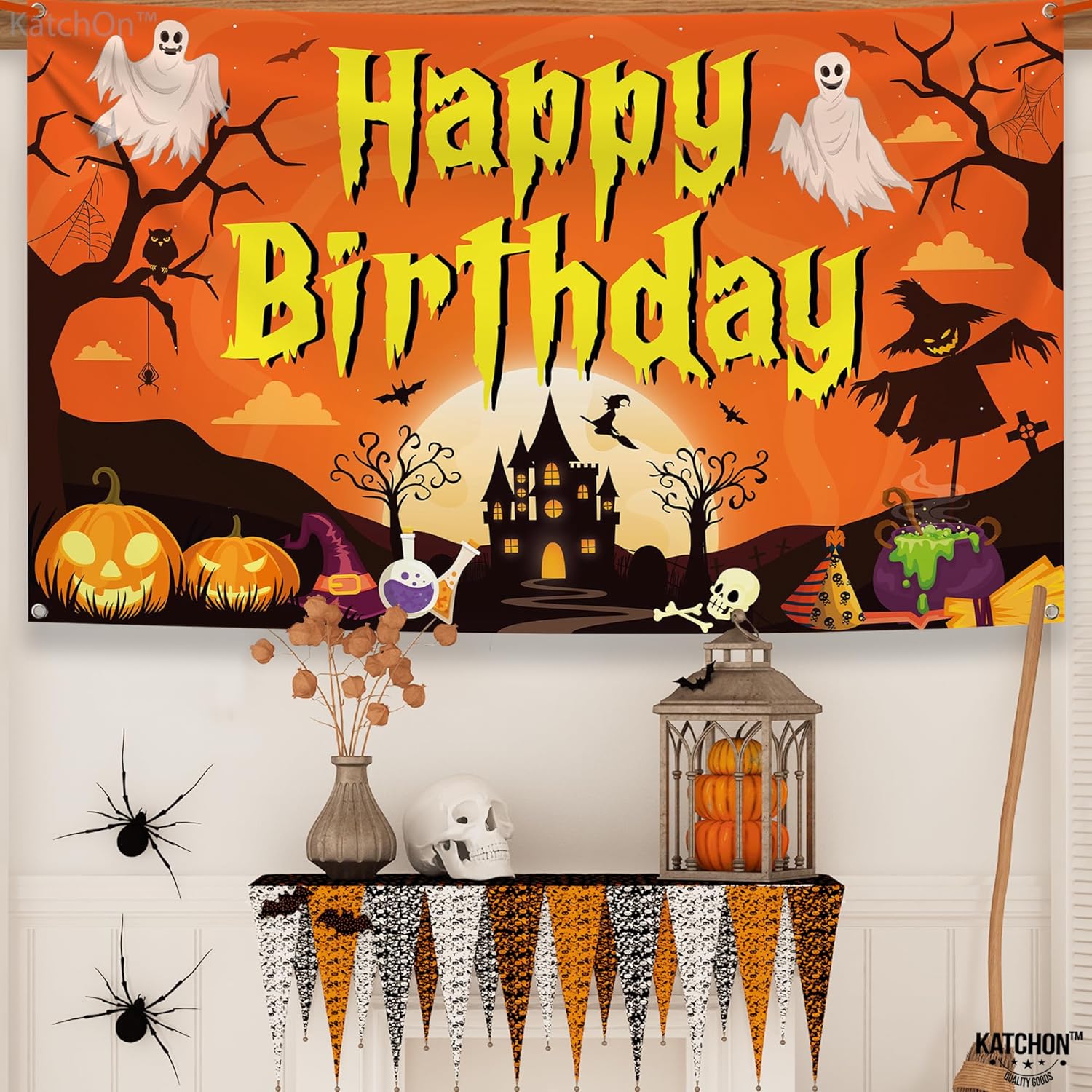 KatchOn, Pancarta espeluznante de Halloween con texto en inglés Happy Birthday  Extra grande, 72 x 44 pulgadas, telón de fondo de calabaza de