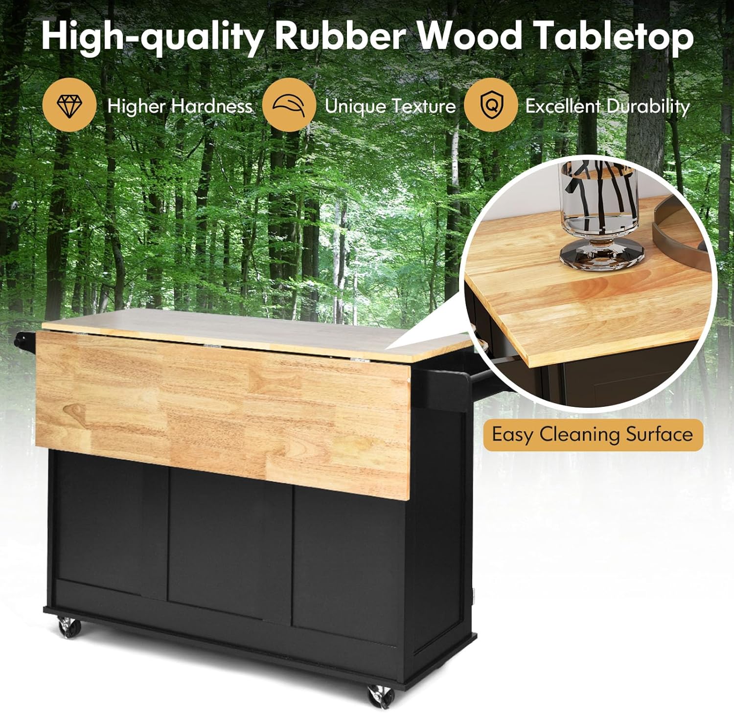 GOFLAME Carrito de isla de cocina con hoja caída, carrito de cocina con ruedas con parte superior de madera de goma, 3 cajones, toallero y estante