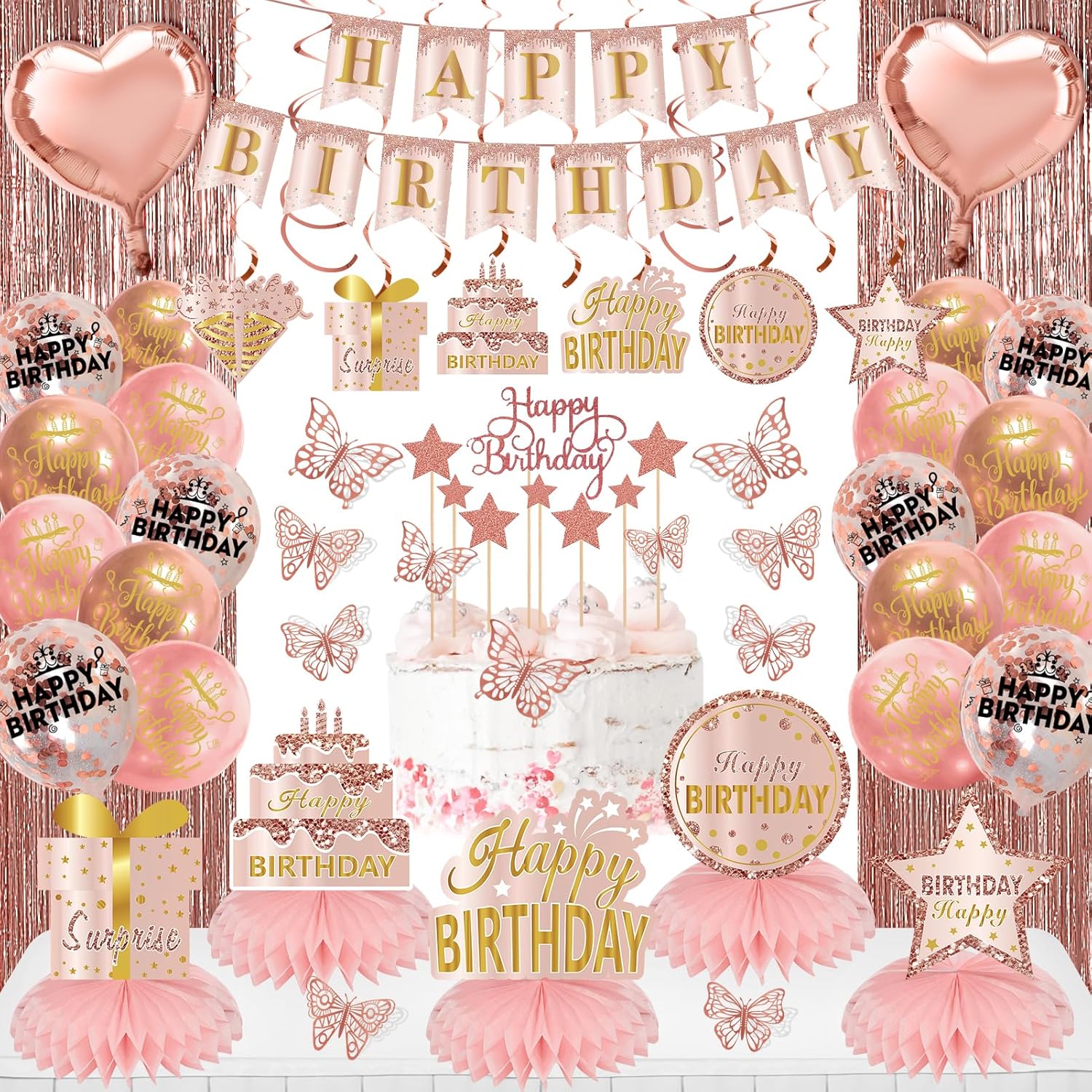 Kit de decoración de cumpleaños de 106 piezas de oro rosa para niñas y mujeres, pancarta rosa de feliz cumpleaños, globo, panal, centro de mesa,