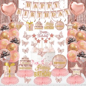 Kit de decoración de cumpleaños de 106 piezas de oro rosa para niñas y mujeres, pancarta rosa de feliz cumpleaños, globo, panal, centro de mesa, Kit de decoración de cumpleaños de 106 piezas de oro rosa para niñas y mujeres, pancarta rosa de feliz cumpleaños, globo, panal, centro de mesa,