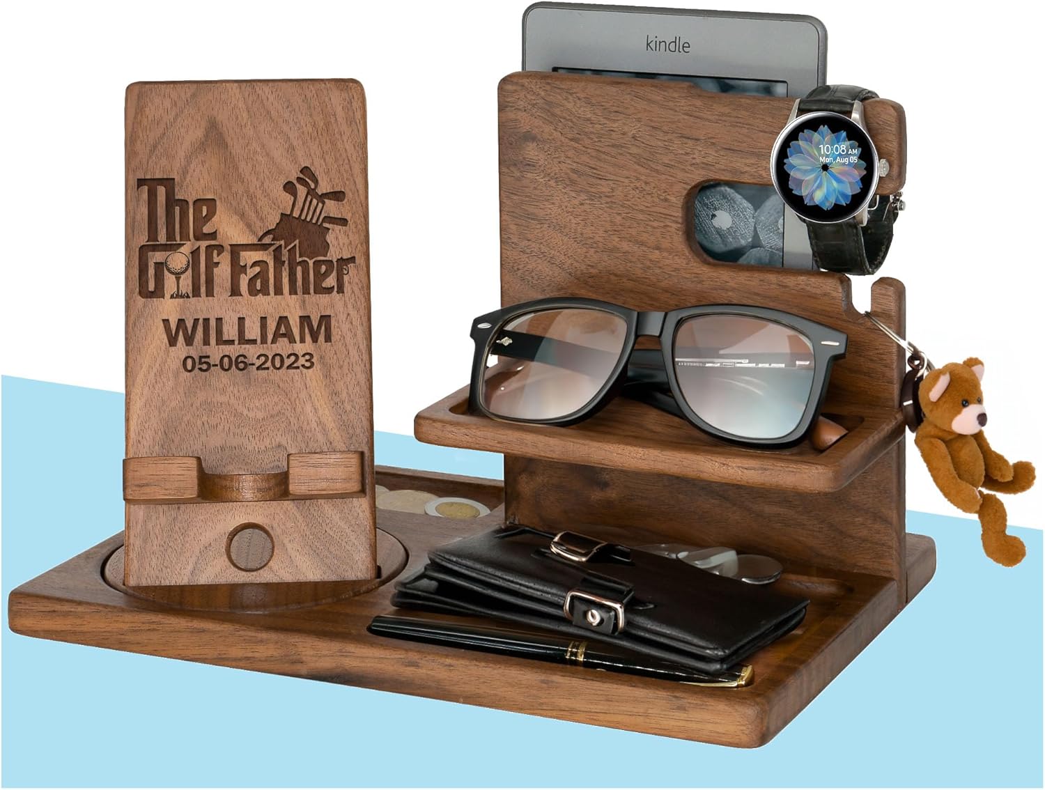 Organizador de escritorio rústico personalizado con texto en inglés The Golf Father para hombre, regalo personalizado para papá, organizador de