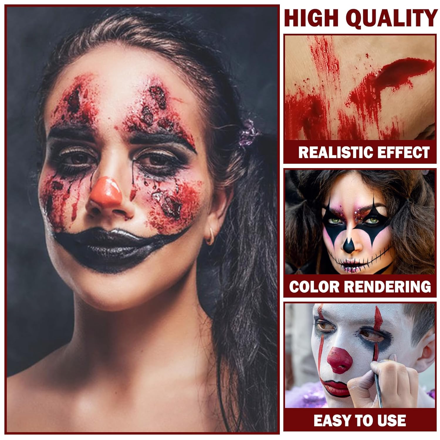 Kit de maquillaje de vampiro zombi de efectos especiales de Halloween, gel de sangre falsa + kit de maquillaje de pintura corporal de 6 colores +