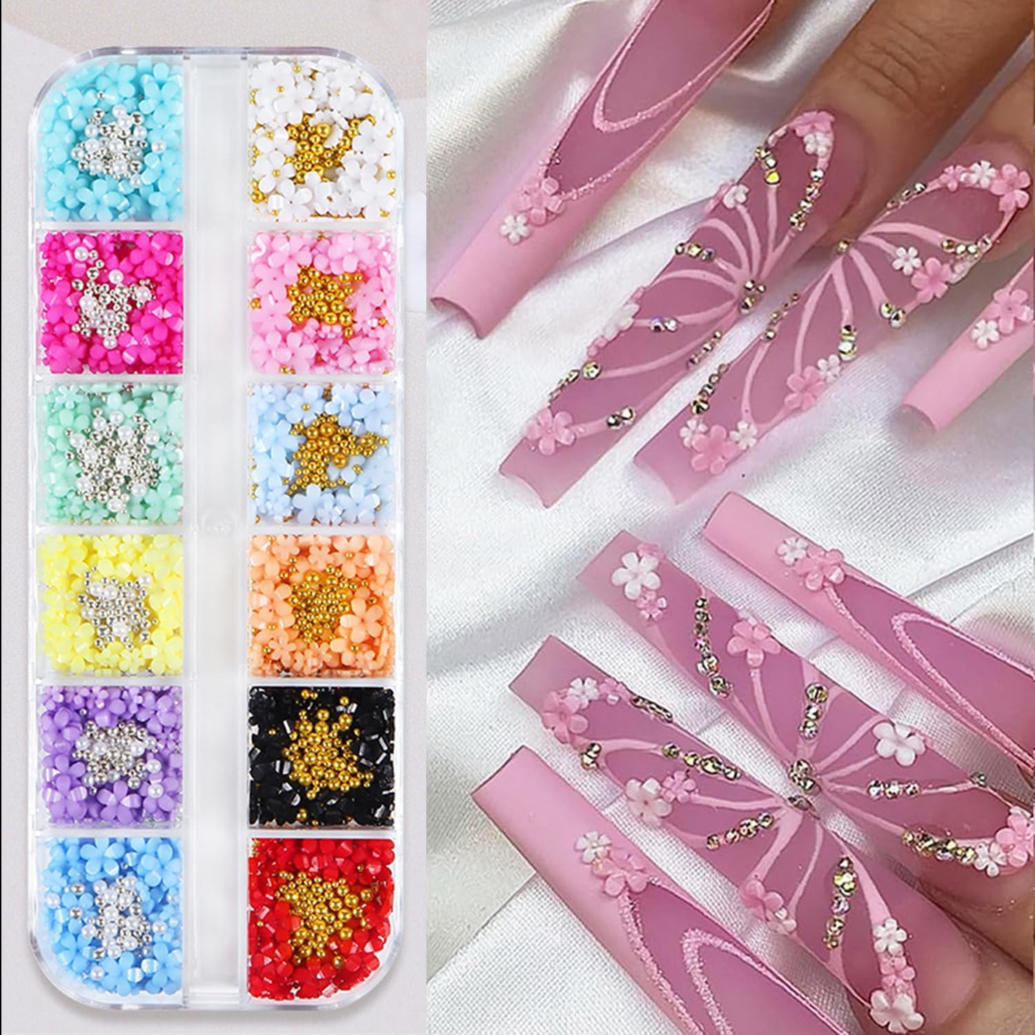 12 colores 3D de flores para arte de uñas, suministros de arte de uñas, mezcla de perlas doradas y plateadas para uñas acrílicas, diamantes de