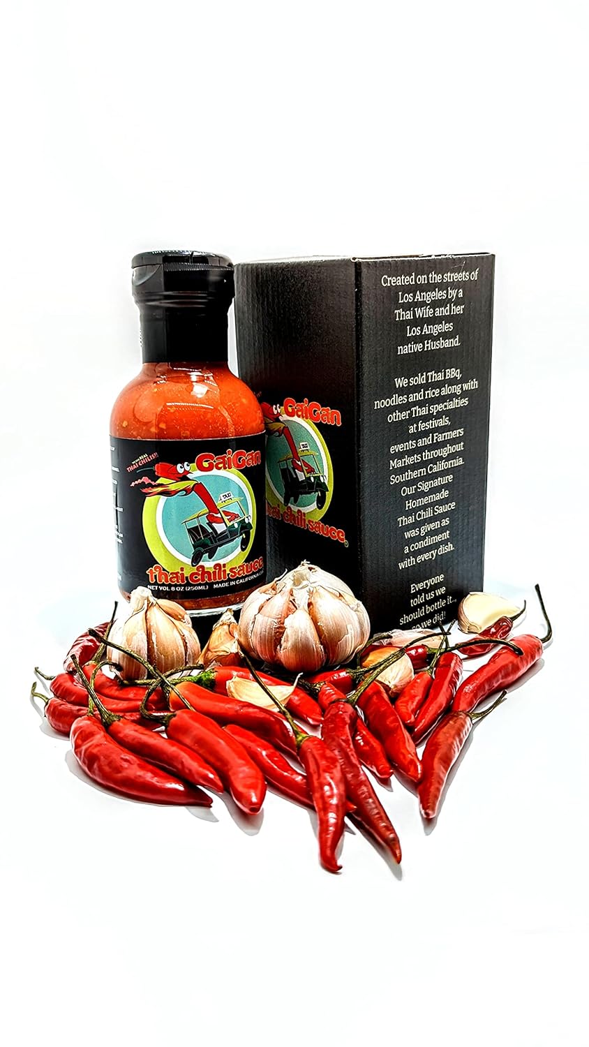 GaiGan – Salsa picante de chile tailandés  Salsa de ajo y chile tailandés en lotes pequeños  Cero calorías  Todo natural, sin conservantes  Vegano