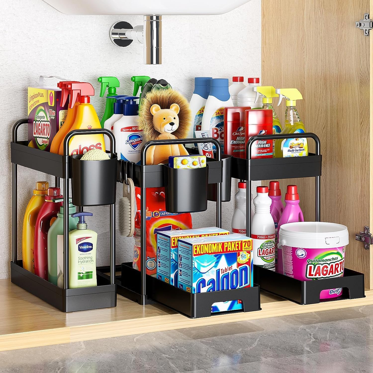 JUJOJB Paquete de 3 organizadores extraíbles para debajo del fregadero, 2 niveles, multiusos, para baño, cocina, fregadero, organizador de