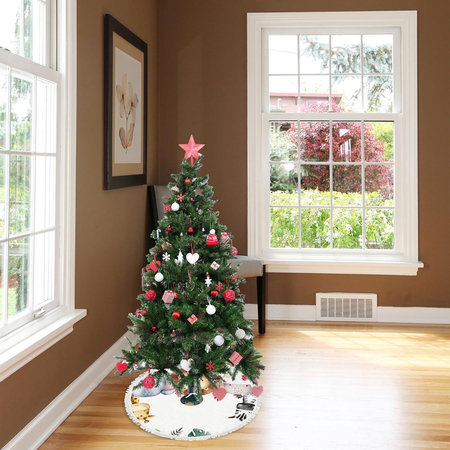 Decoración de Navidad pequeña de 30 pulgadas, tapete de falda para árbol de Navidad, acuarela, safari, animales, decoraciones para fiestas de