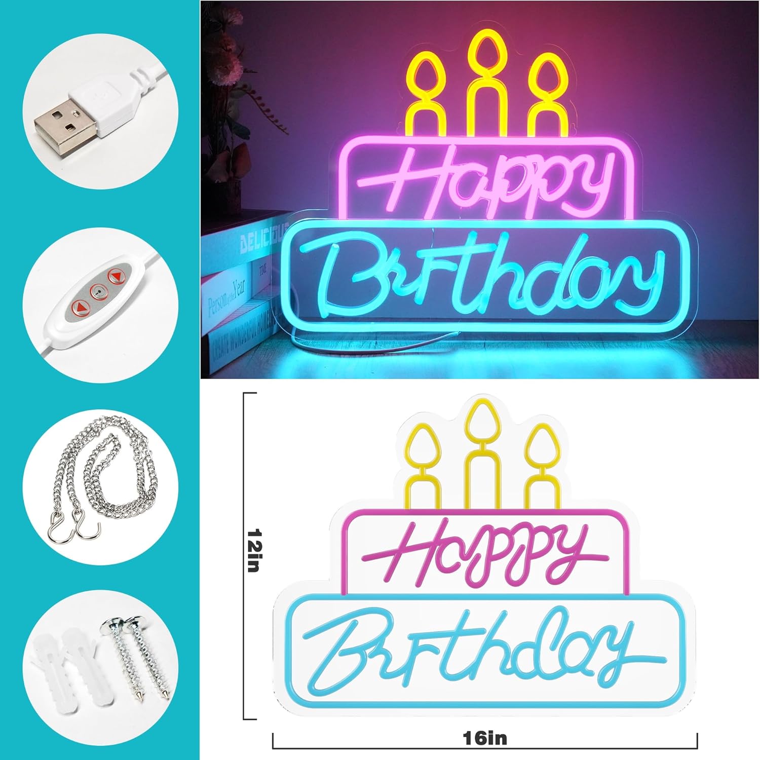 Letrero de neón de feliz cumpleaños de 16 x 12 pulgadas para decoración de pared, letrero LED regulable de feliz cumpleaños para habitación, letrero