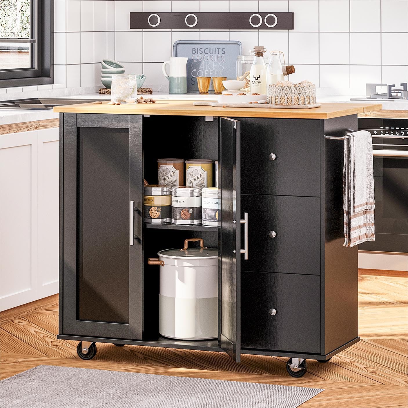 SUNLEI Isla de cocina con ruedas con armario de almacenamiento y hoja plegable, mesa de cocina rodante, asa de carrito para toallero, hoja caída,