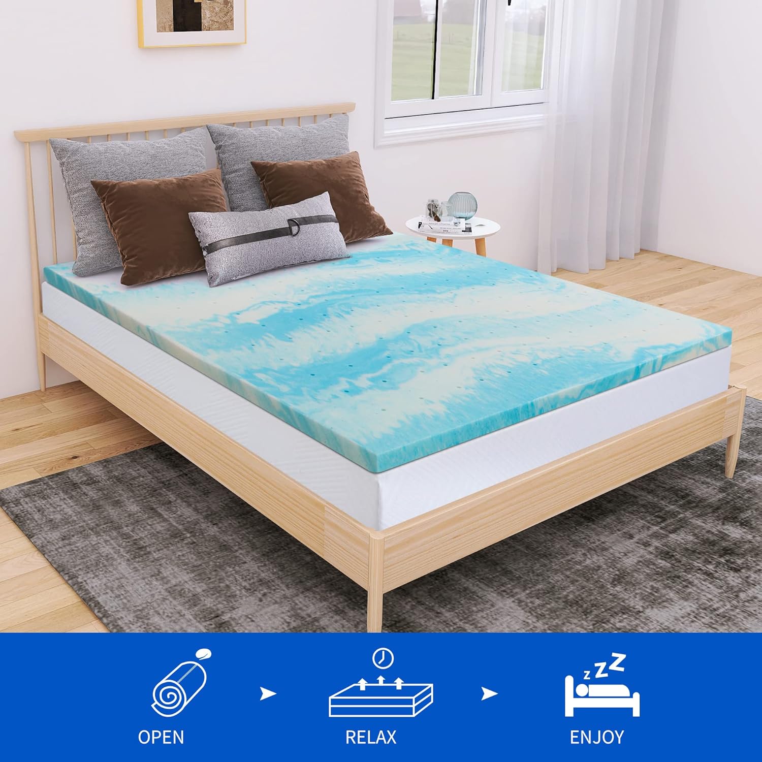 Cubrecolchón de espuma viscoelástica de gel refrescante de 2 pulgadas, tamaño Queen, alivio de presión, cama en una caja, certificado CertiPUR-US